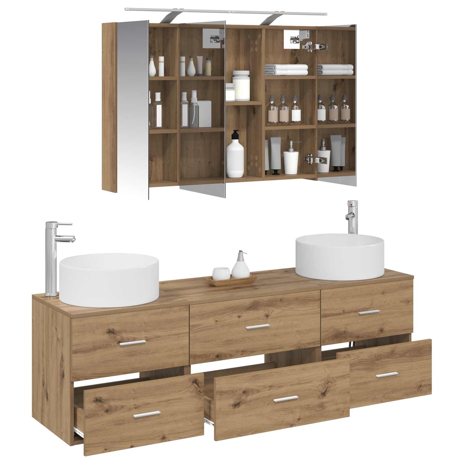 Badkamermeubelset 4 st Artisanaal eiken Bewerkt hout en glas is nu te koop bij PeponiXL, paradijselijk wonen!