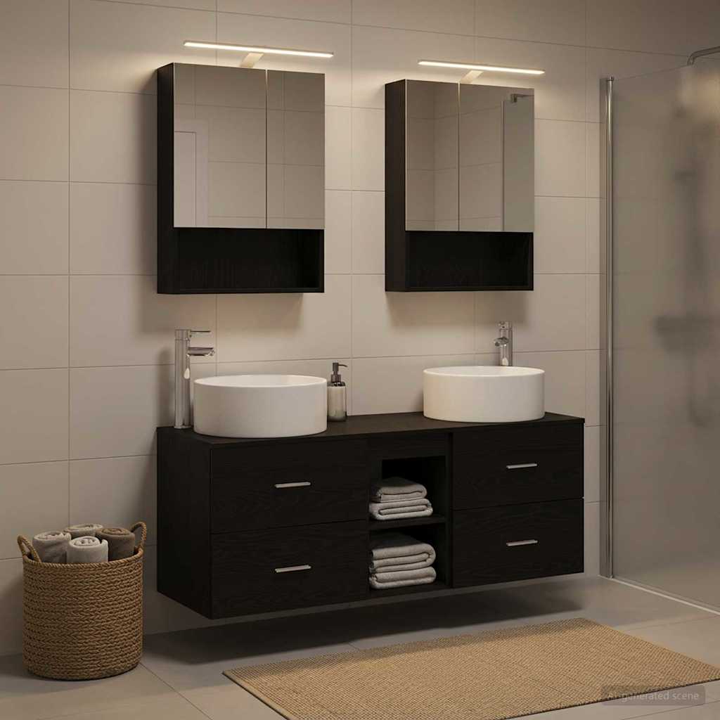 Badkamermeubelset 5 pcs Zwart eiken Bewerkt hout en glas is nu te koop bij PeponiXL, paradijselijk wonen!