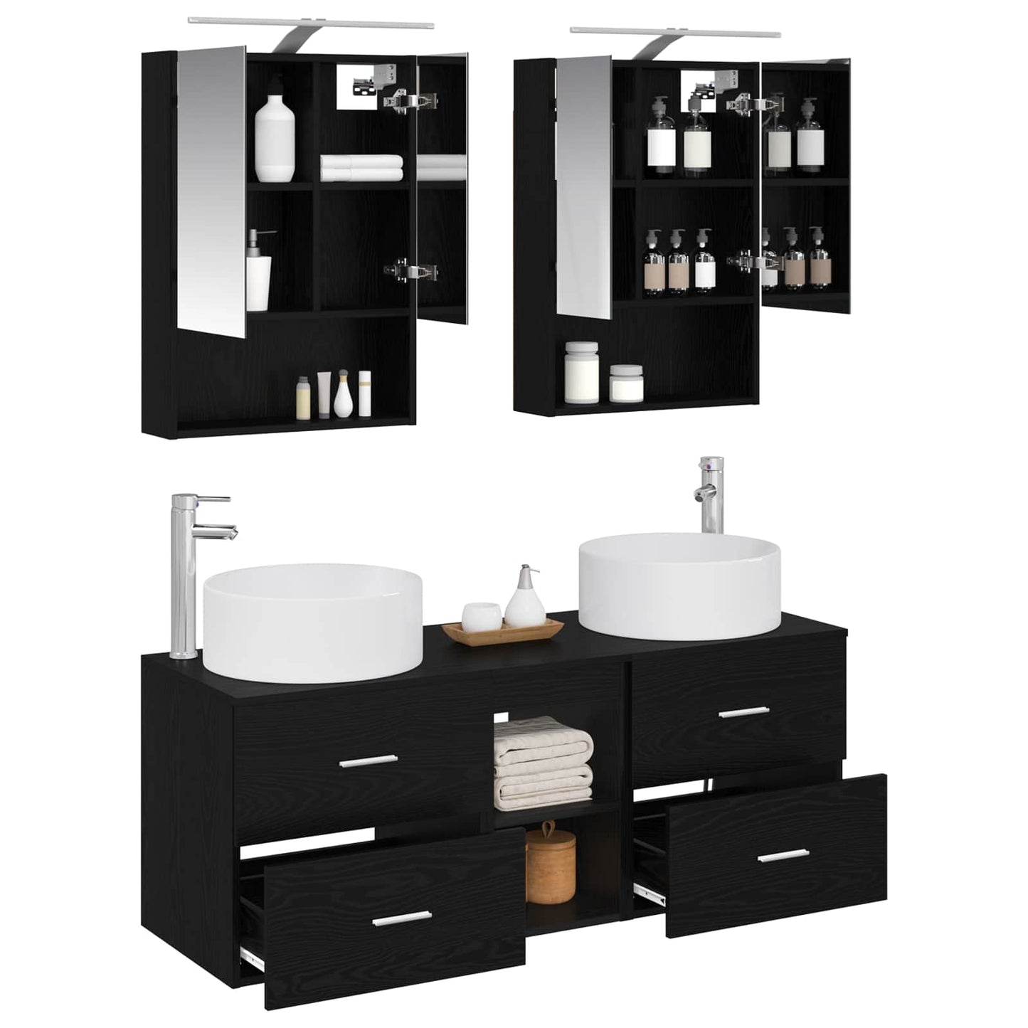 Badkamermeubelset 5 pcs Zwart eiken Bewerkt hout en glas is nu te koop bij PeponiXL, paradijselijk wonen!