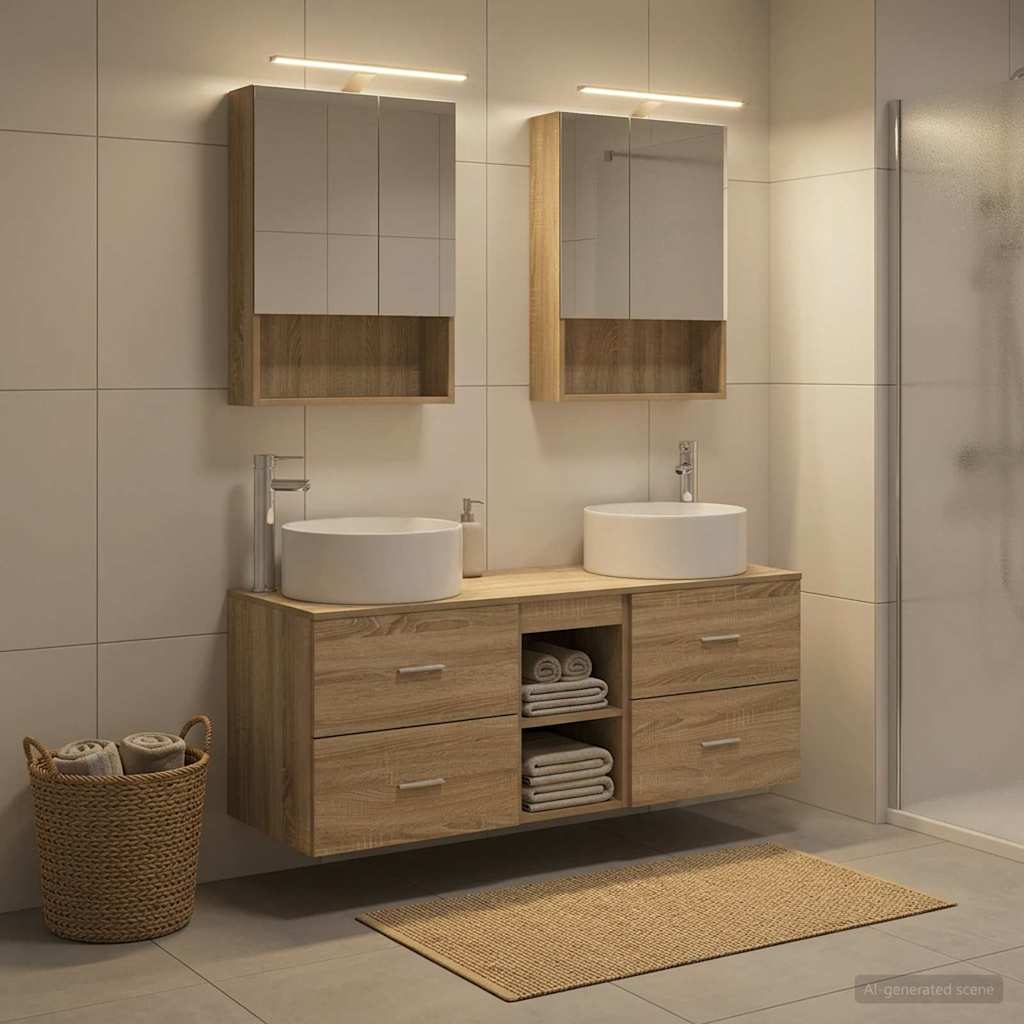 Badkamermeubelset 5 pcs Sonoma Eiken Bewerkt hout en glas is nu te koop bij PeponiXL, paradijselijk wonen!