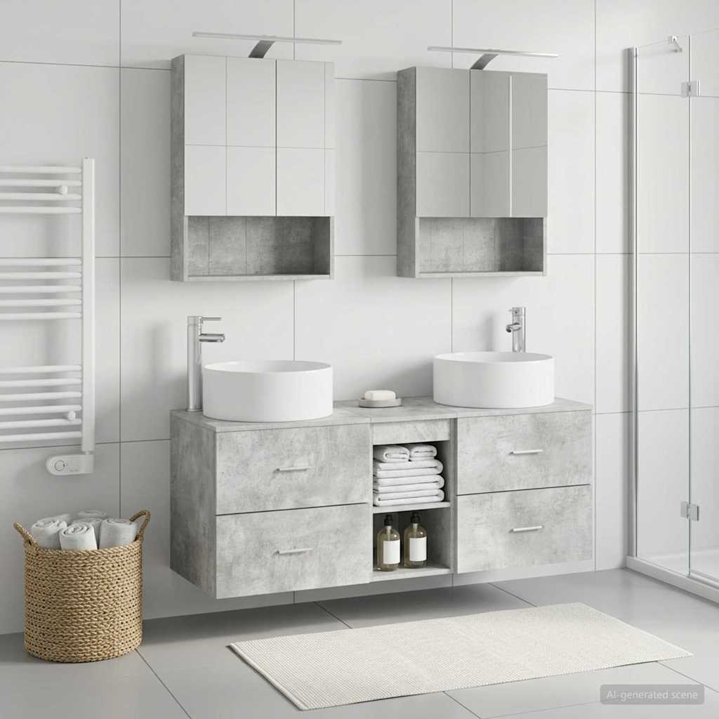 Badkamermeubelset 5 pcs Betongrijs Bewerkt hout en glas is nu te koop bij PeponiXL, paradijselijk wonen!