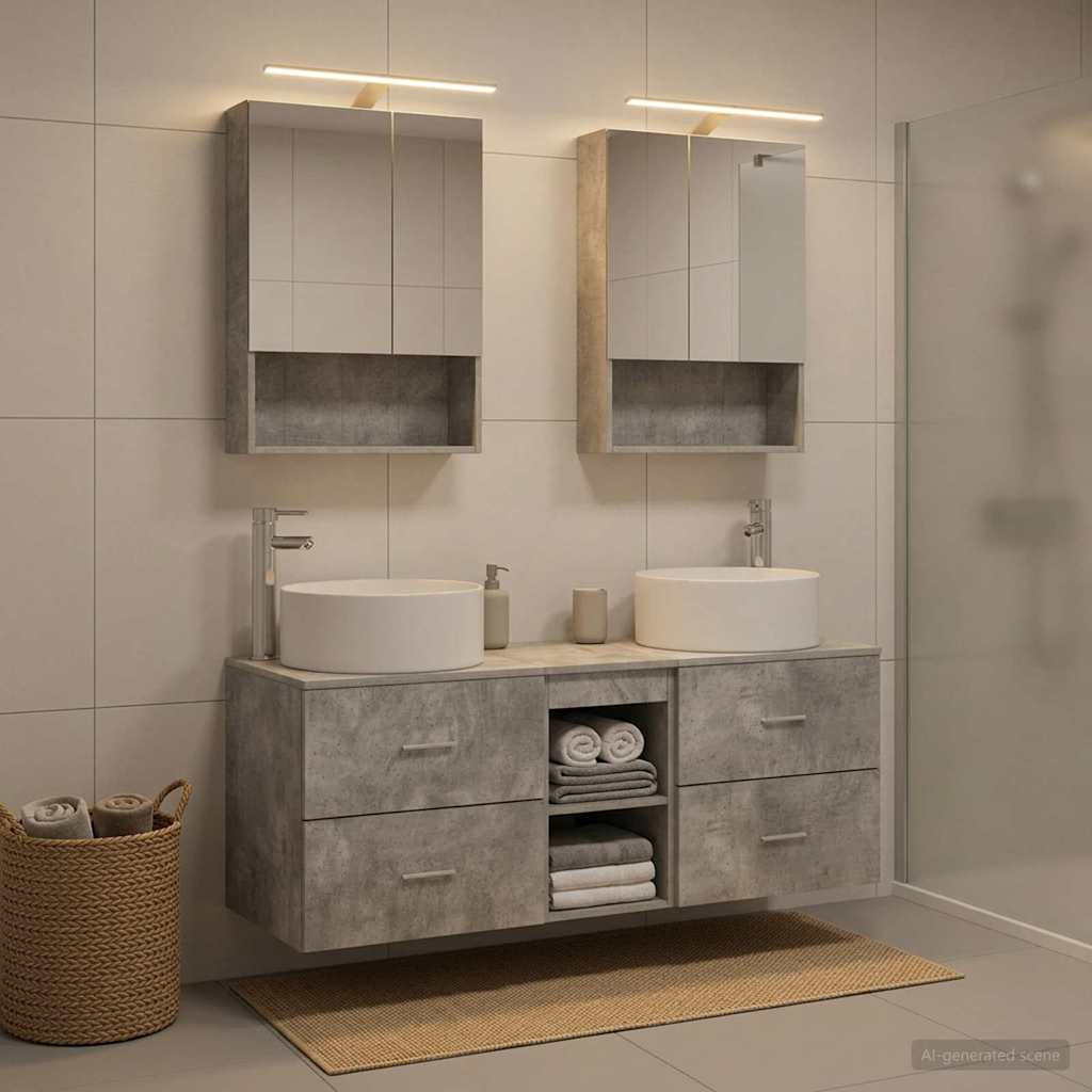 Badkamermeubelset 5 pcs Betongrijs Bewerkt hout en glas is nu te koop bij PeponiXL, paradijselijk wonen!
