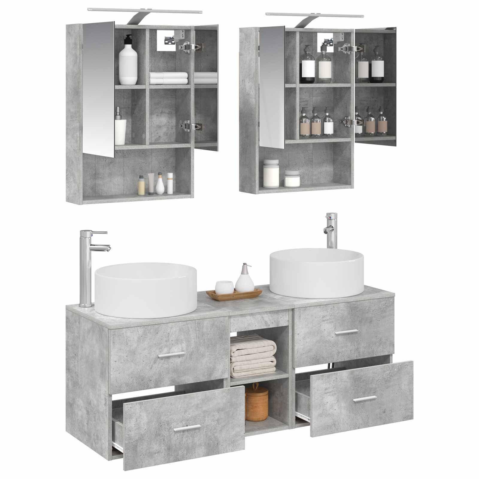 Badkamermeubelset 5 pcs Betongrijs Bewerkt hout en glas is nu te koop bij PeponiXL, paradijselijk wonen!