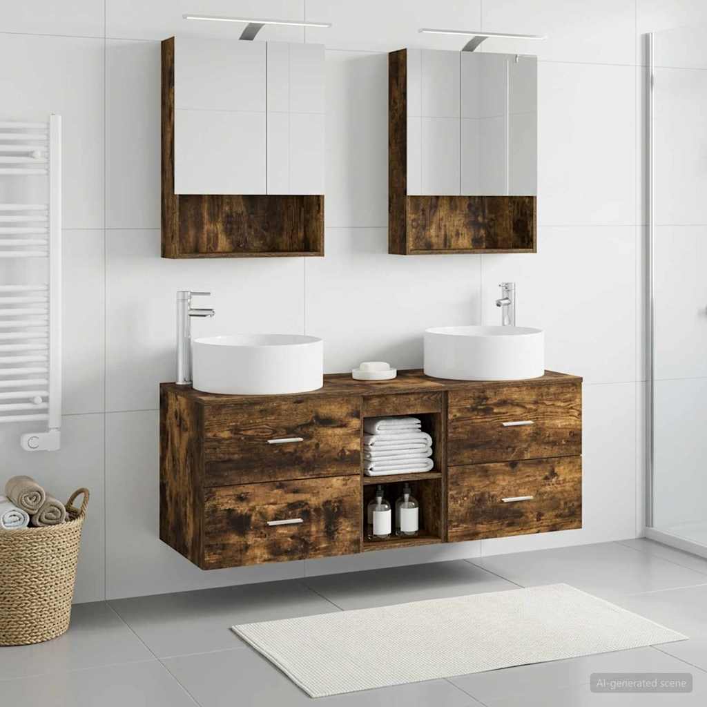 Badkamermeubelset 5 pcs Gerookt eiken Bewerkt hout en glas is nu te koop bij PeponiXL, paradijselijk wonen!