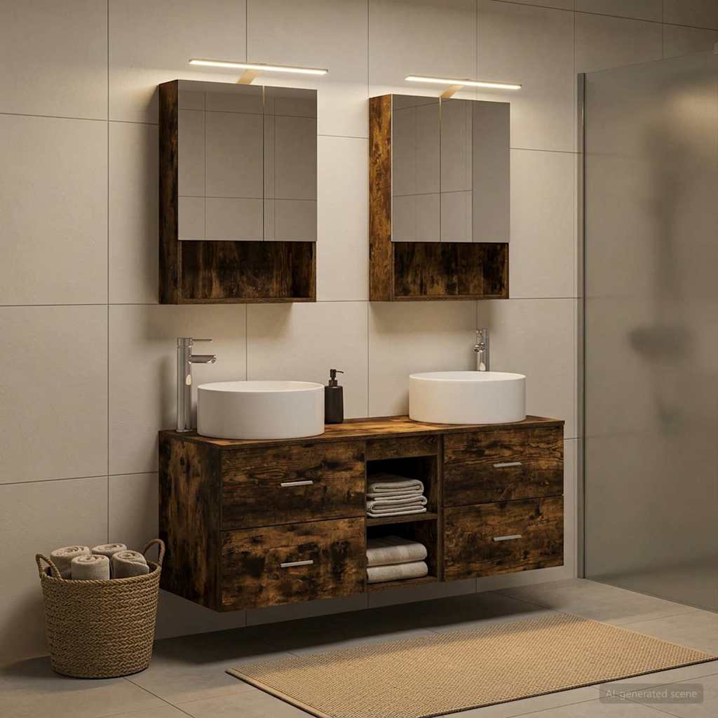 Badkamermeubelset 5 pcs Gerookt eiken Bewerkt hout en glas is nu te koop bij PeponiXL, paradijselijk wonen!
