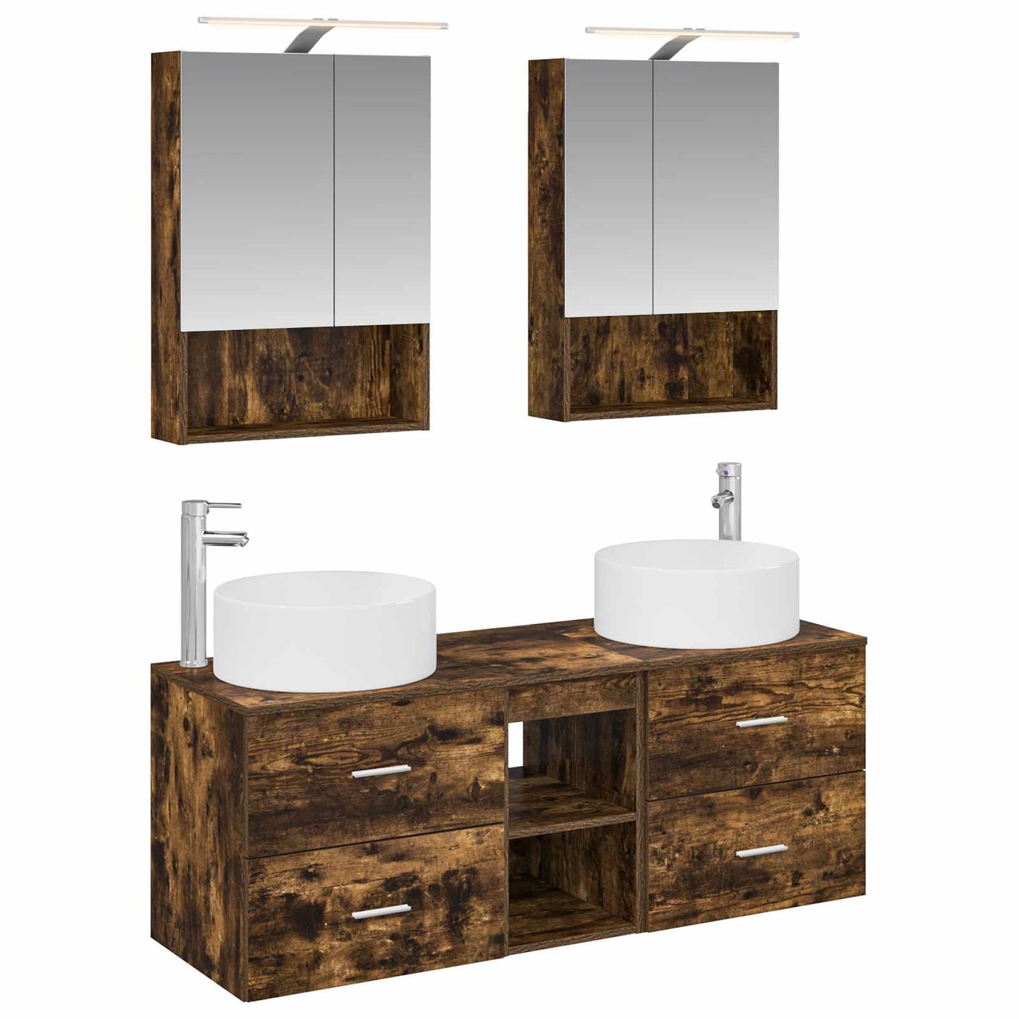 Badkamermeubelset 5 pcs Gerookt eiken Bewerkt hout en glas is nu te koop bij PeponiXL, paradijselijk wonen!