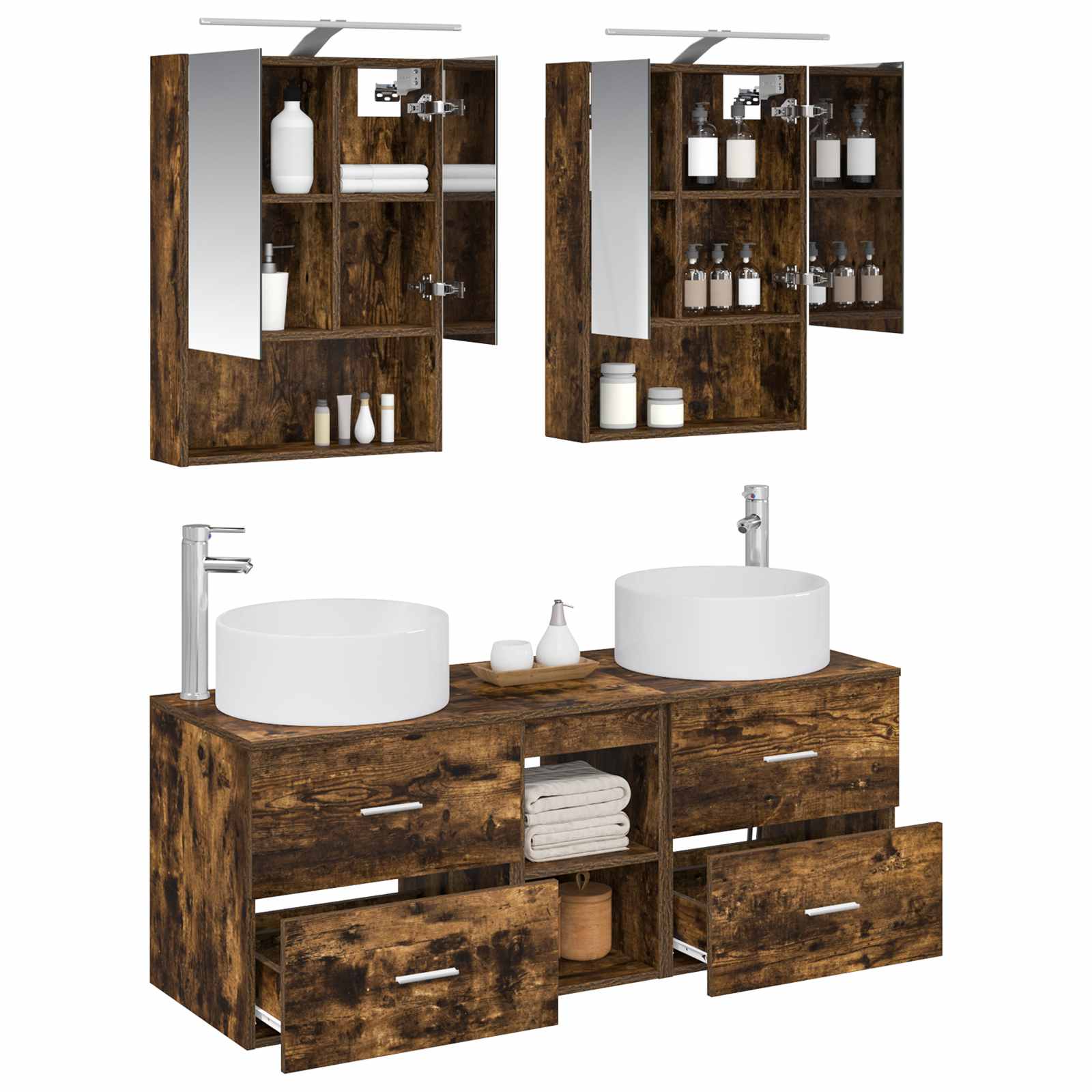 Badkamermeubelset 5 pcs Gerookt eiken Bewerkt hout en glas is nu te koop bij PeponiXL, paradijselijk wonen!
