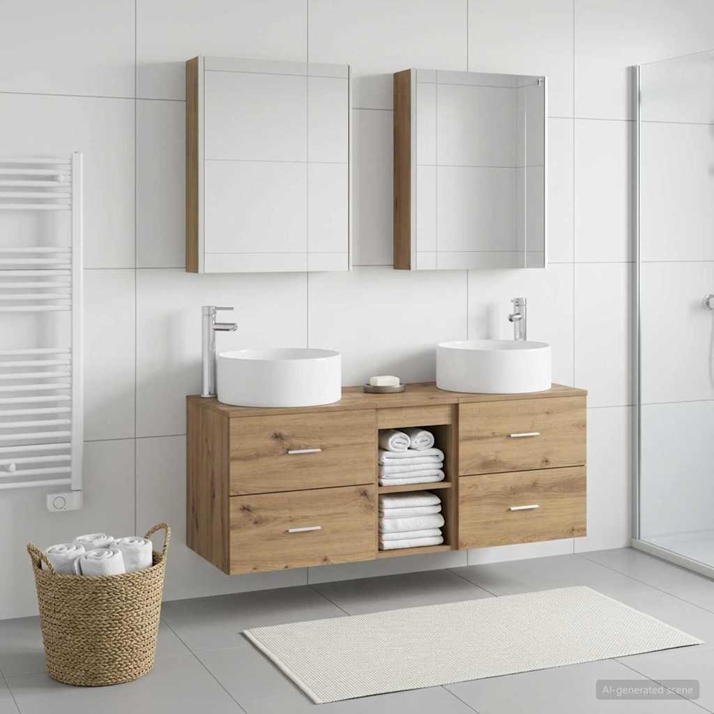 Badkamermeubelset 5 st Artisanaal eiken Bewerkt hout en glas is nu te koop bij PeponiXL, paradijselijk wonen!