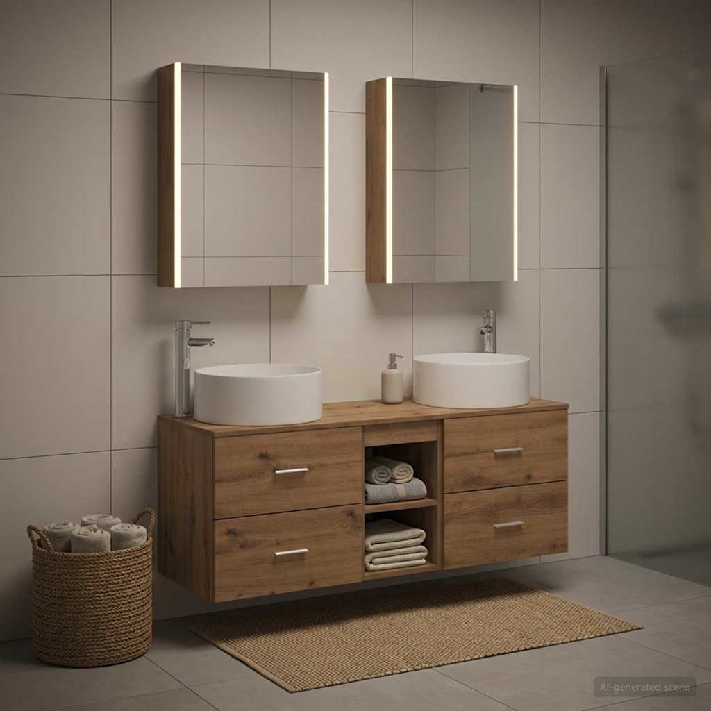 Badkamermeubelset 5 st Artisanaal eiken Bewerkt hout en glas is nu te koop bij PeponiXL, paradijselijk wonen!