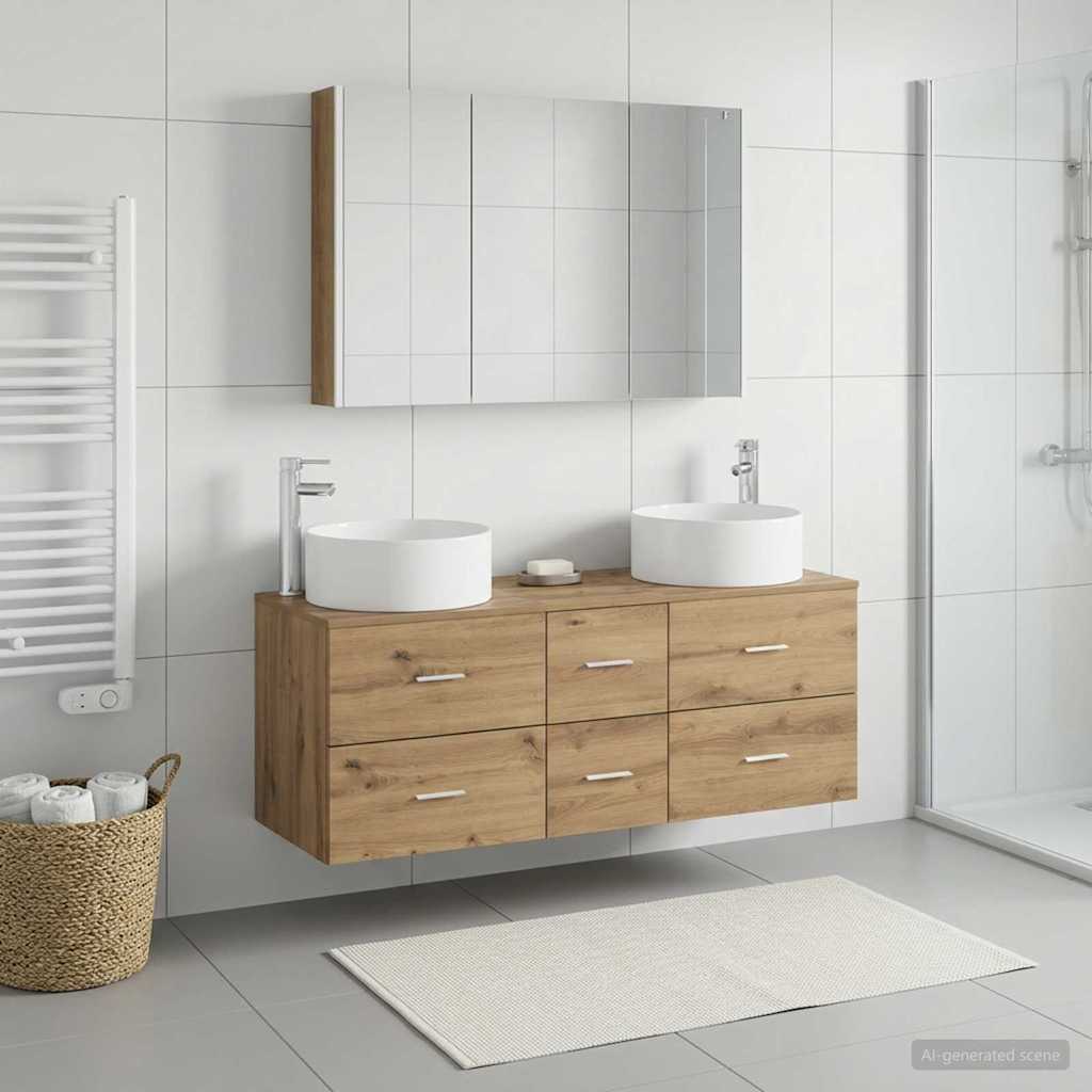 Badkamermeubelset 4 st Artisanaal eiken Bewerkt hout en glas is nu te koop bij PeponiXL, paradijselijk wonen!