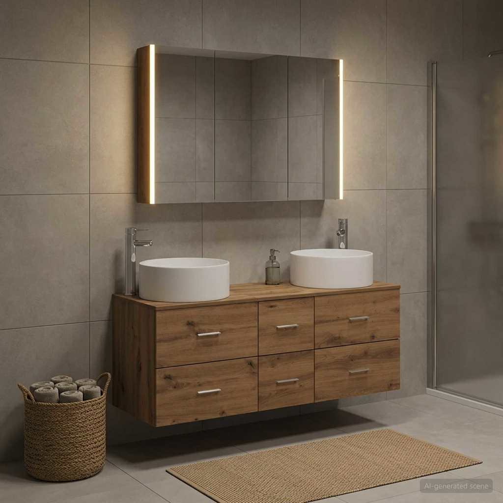 Badkamermeubelset 4 st Artisanaal eiken Bewerkt hout en glas is nu te koop bij PeponiXL, paradijselijk wonen!