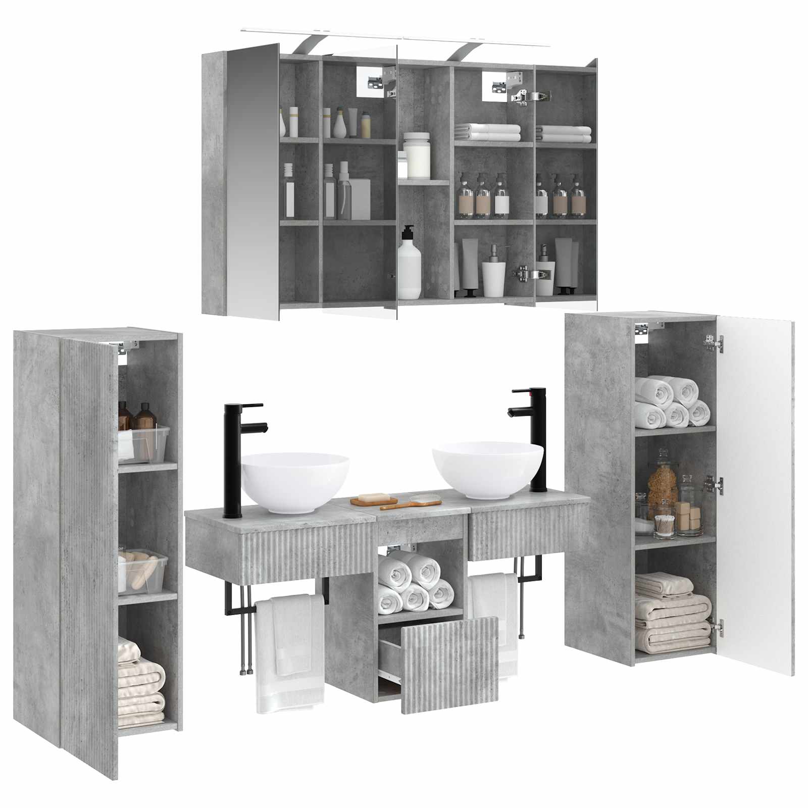 Badkamermeubelset 6 pcs Betongrijs Bewerkt hout en glas is nu te koop bij PeponiXL, paradijselijk wonen!