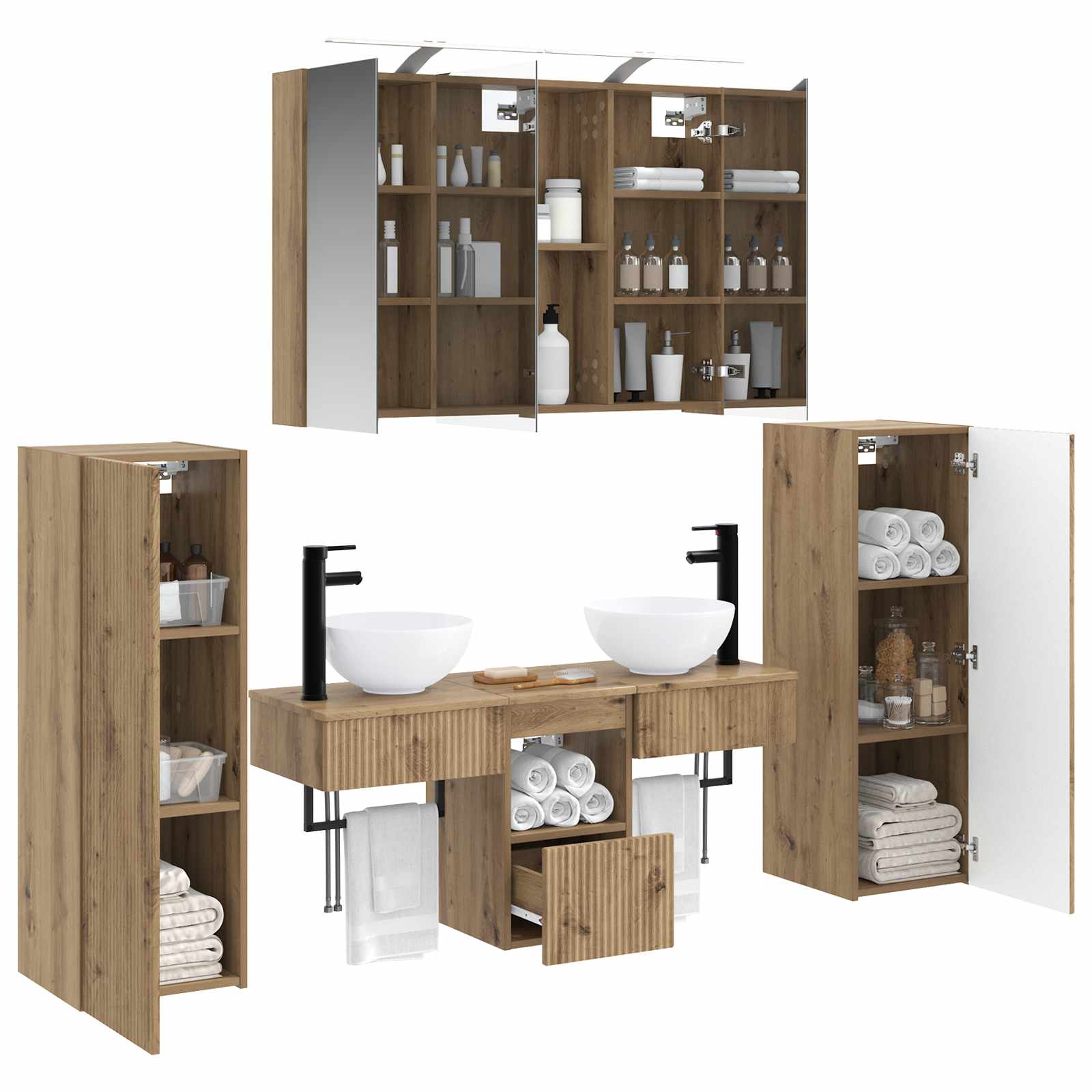 Badkamermeubelset 6 st Artisanaal eiken Bewerkt hout en glas is nu te koop bij PeponiXL, paradijselijk wonen!