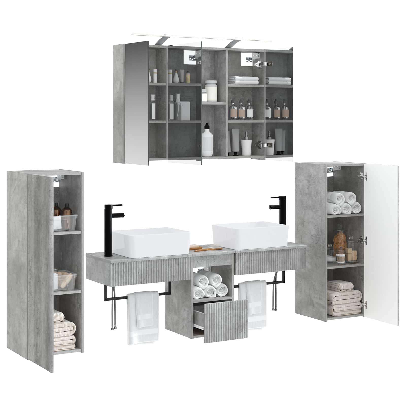 Badkamermeubelset 6 pcs Betongrijs Bewerkt hout en glas is nu te koop bij PeponiXL, paradijselijk wonen!