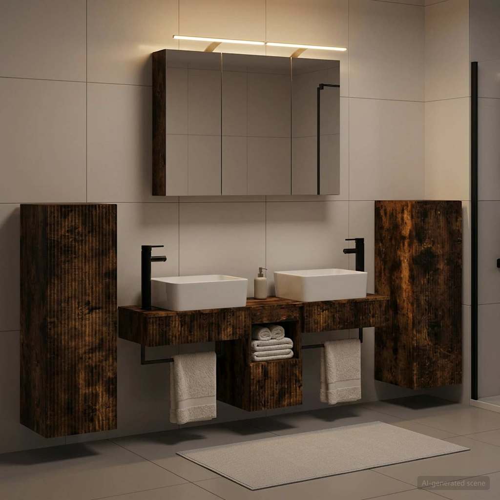 Badkamermeubelset 6 pcs Gerookt eiken Bewerkt hout en glas is nu te koop bij PeponiXL, paradijselijk wonen!