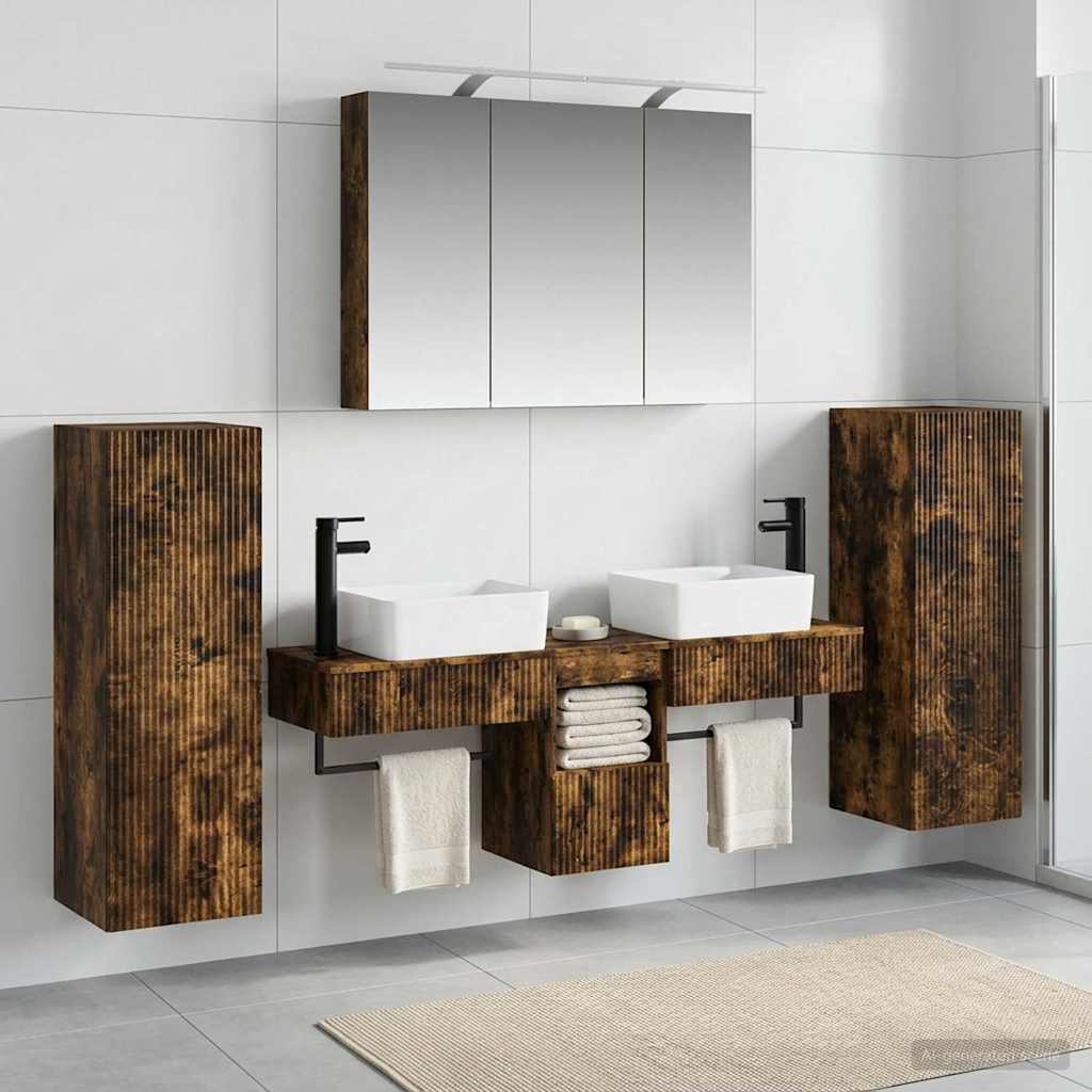 Badkamermeubelset 6 pcs Gerookt eiken Bewerkt hout en glas is nu te koop bij PeponiXL, paradijselijk wonen!