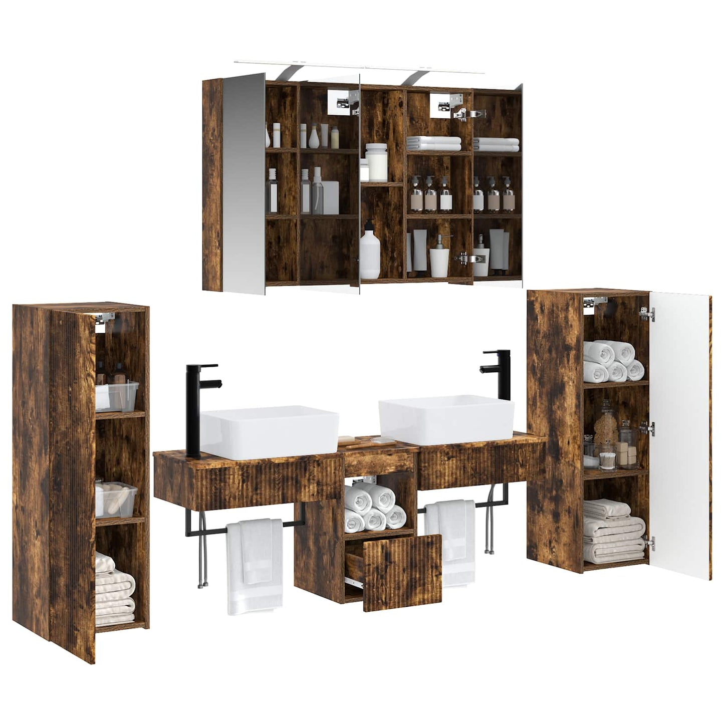 Badkamermeubelset 6 pcs Gerookt eiken Bewerkt hout en glas is nu te koop bij PeponiXL, paradijselijk wonen!