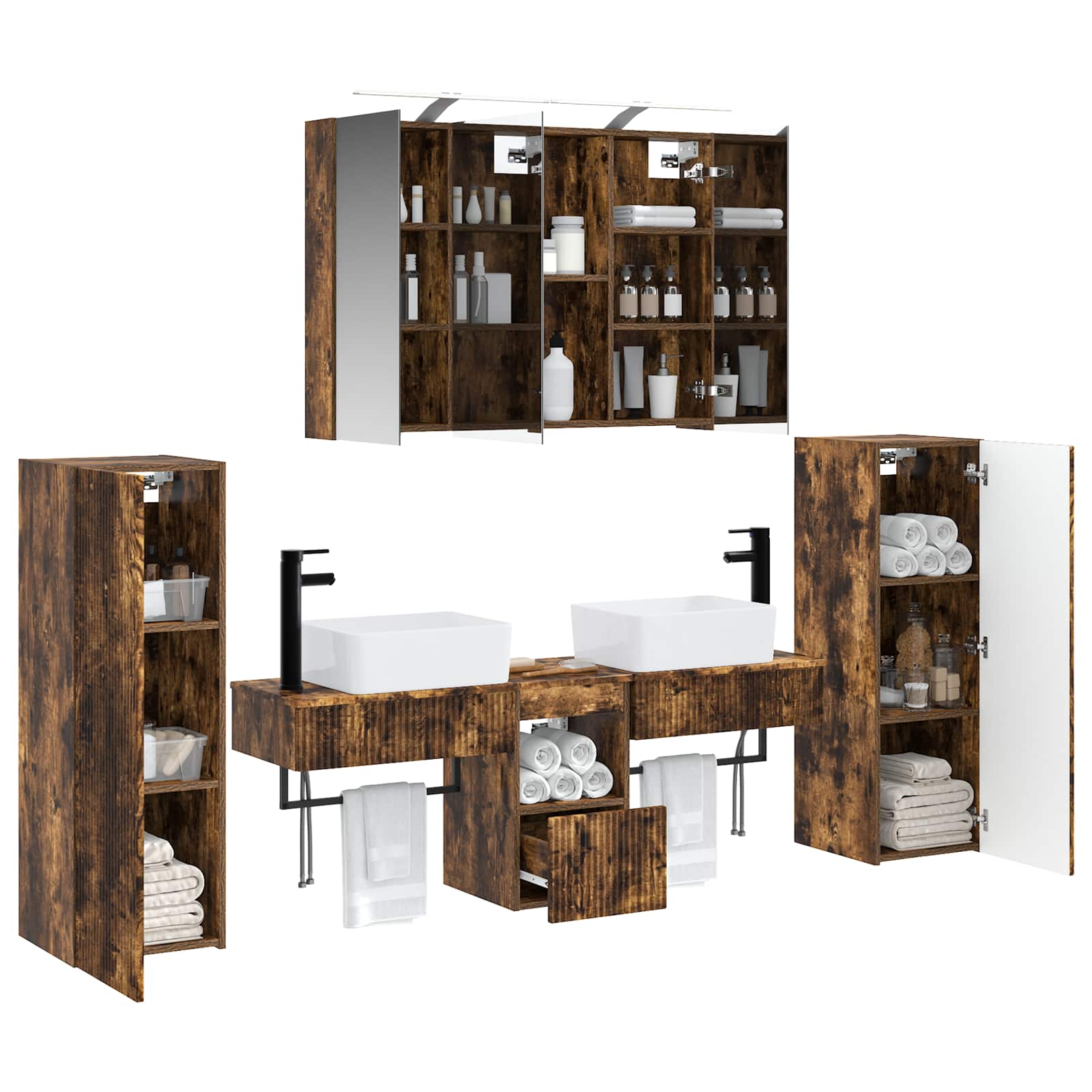 Badkamermeubelset 6 pcs Gerookt eiken Bewerkt hout en glas is nu te koop bij PeponiXL, paradijselijk wonen!