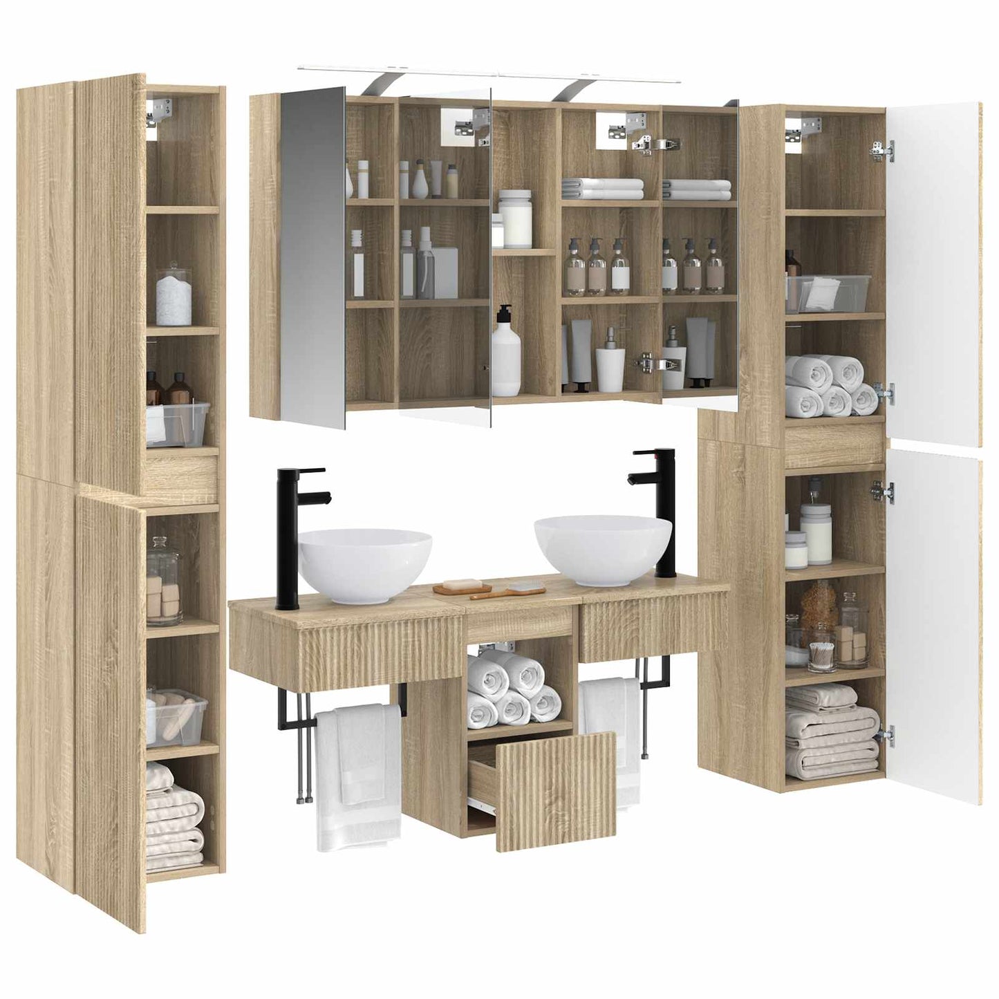 Badkamermeubelset 6 pcs Sonoma Eiken Bewerkt hout en glas is nu te koop bij PeponiXL, paradijselijk wonen!