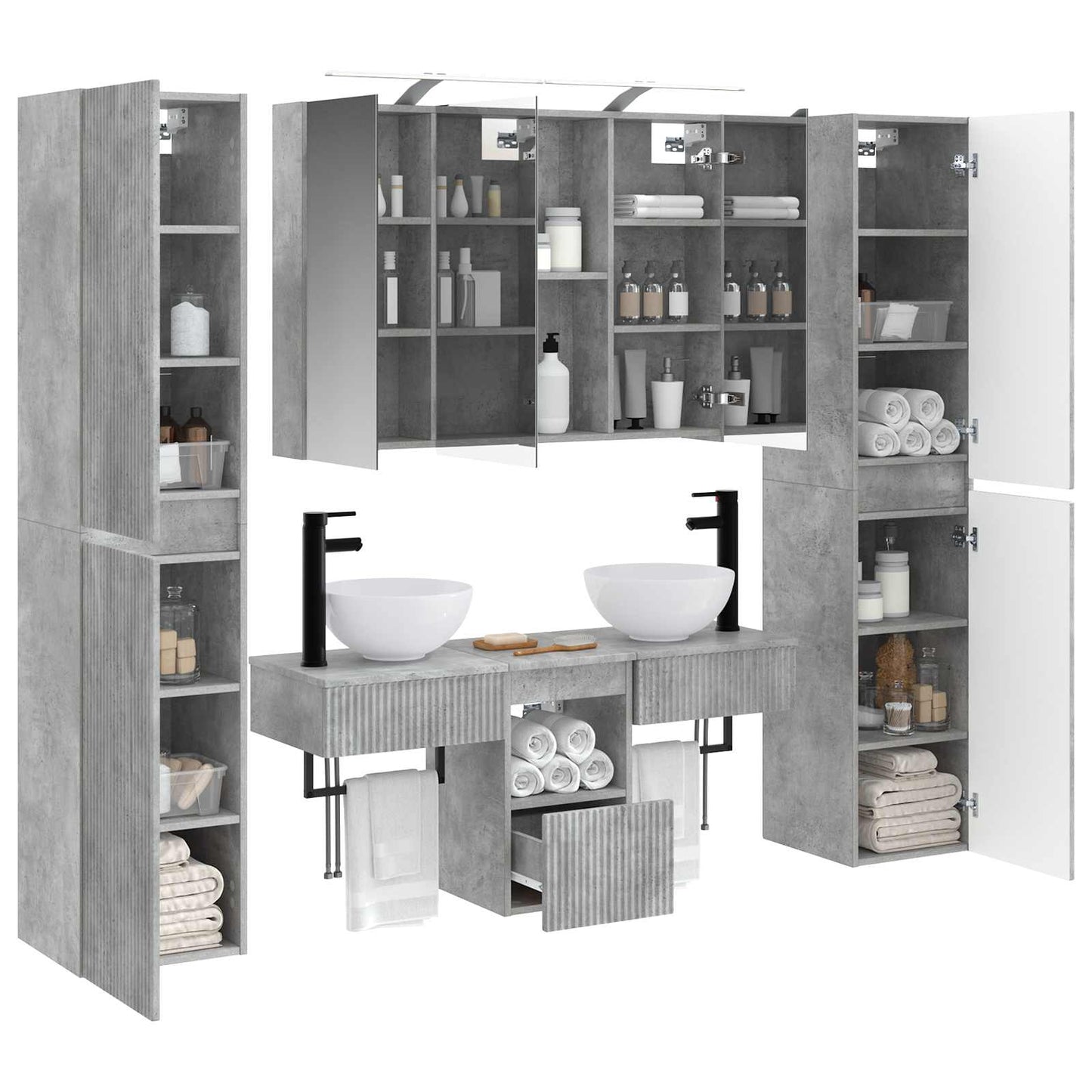 Badkamermeubelset 6 pcs Betongrijs Bewerkt hout en glas is nu te koop bij PeponiXL, paradijselijk wonen!