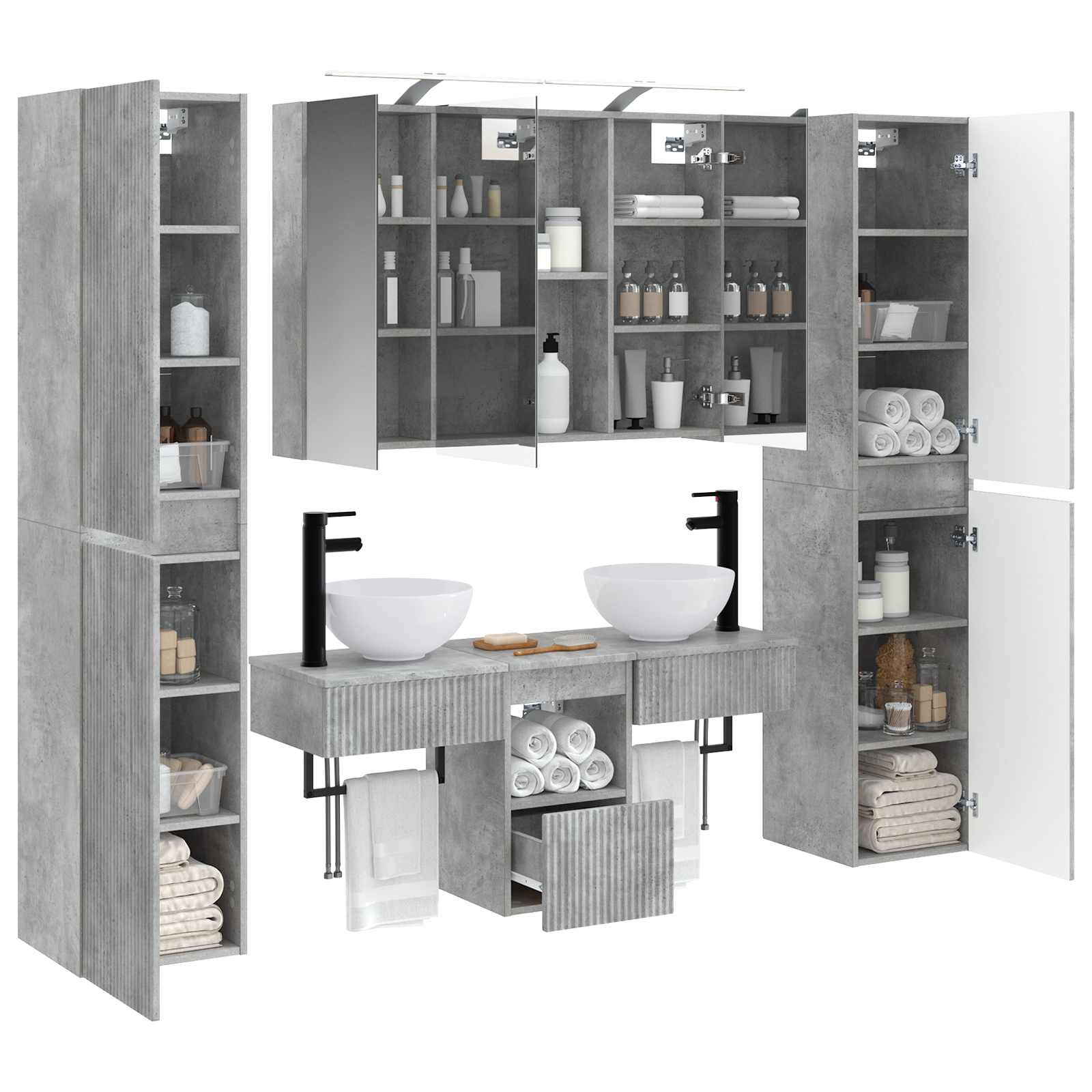 Badkamermeubelset 6 pcs Betongrijs Bewerkt hout en glas is nu te koop bij PeponiXL, paradijselijk wonen!