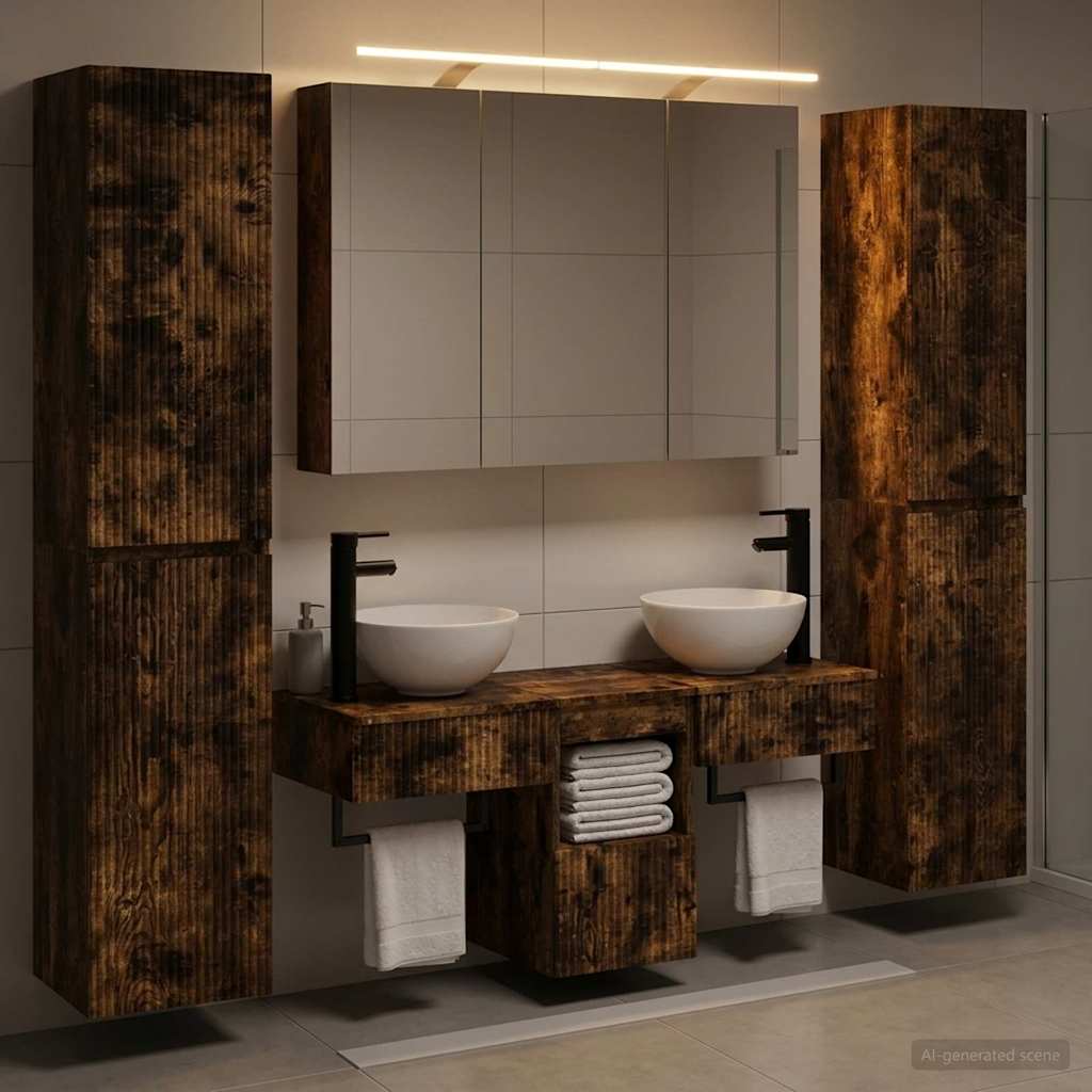 Badkamermeubelset 6 pcs Gerookt eiken Bewerkt hout en glas is nu te koop bij PeponiXL, paradijselijk wonen!