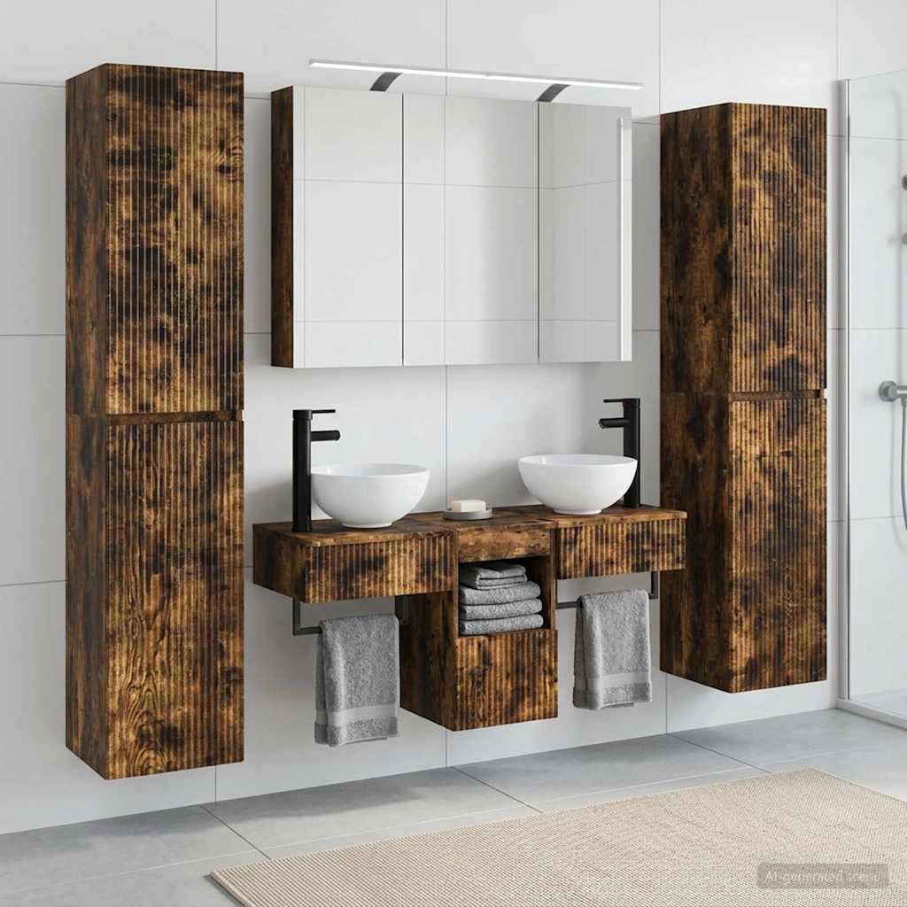 Badkamermeubelset 6 pcs Gerookt eiken Bewerkt hout en glas is nu te koop bij PeponiXL, paradijselijk wonen!