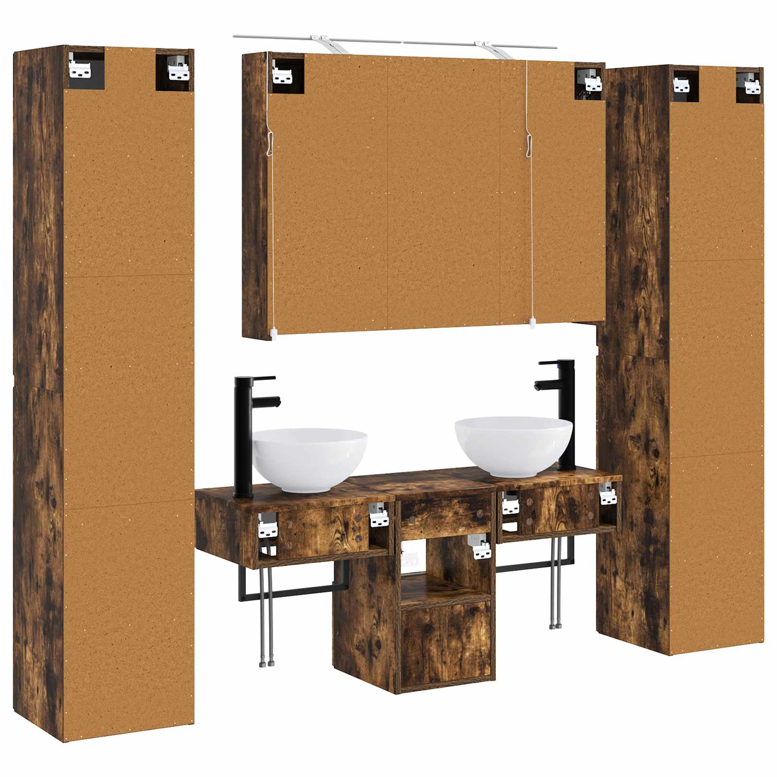 Badkamermeubelset 6 pcs Gerookt eiken Bewerkt hout en glas is nu te koop bij PeponiXL, paradijselijk wonen!