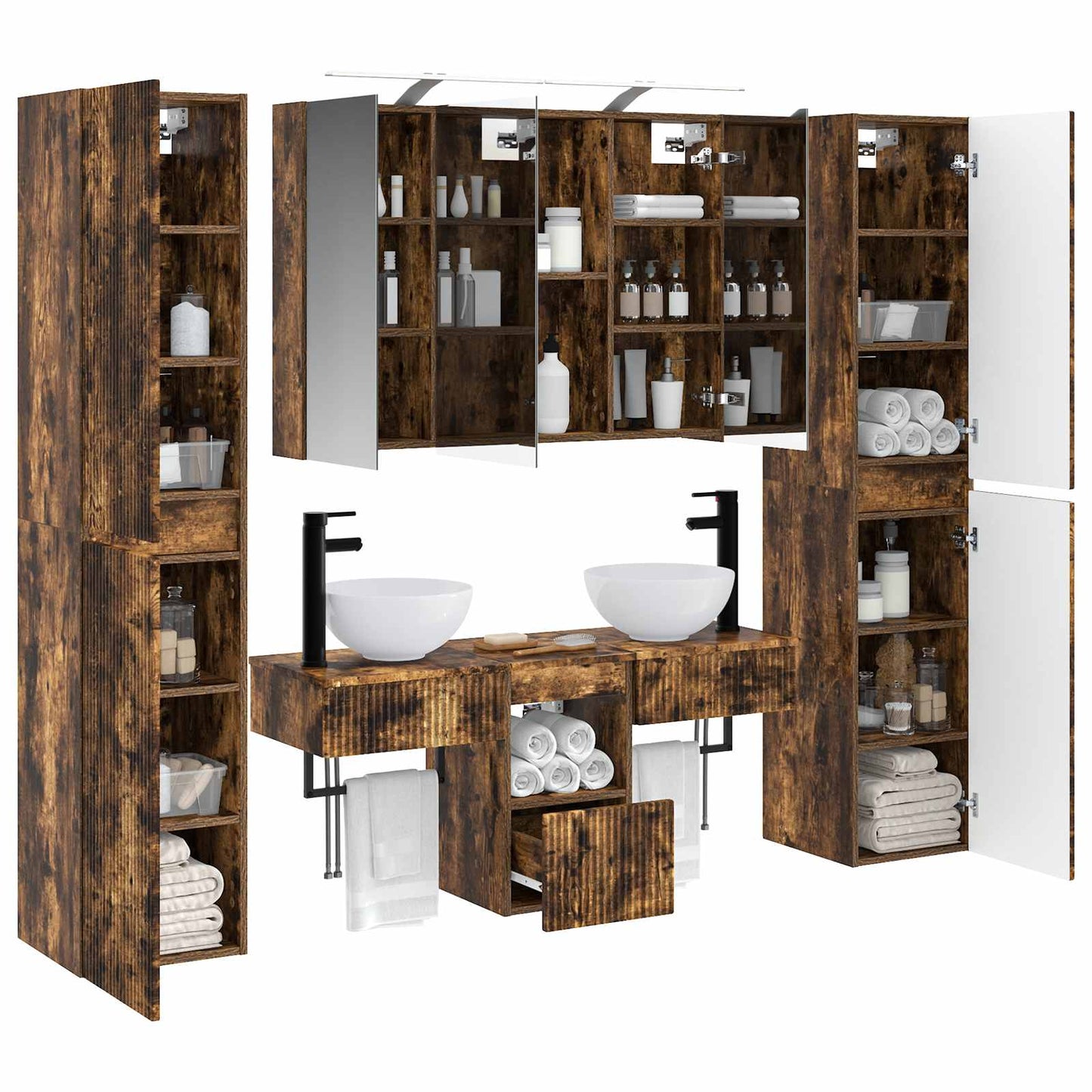 Badkamermeubelset 6 pcs Gerookt eiken Bewerkt hout en glas is nu te koop bij PeponiXL, paradijselijk wonen!