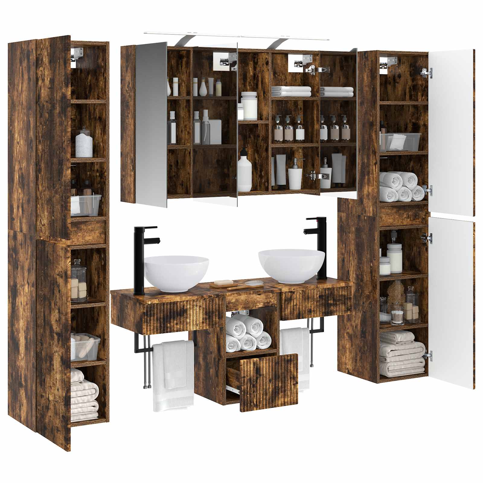 Badkamermeubelset 6 pcs Gerookt eiken Bewerkt hout en glas is nu te koop bij PeponiXL, paradijselijk wonen!
