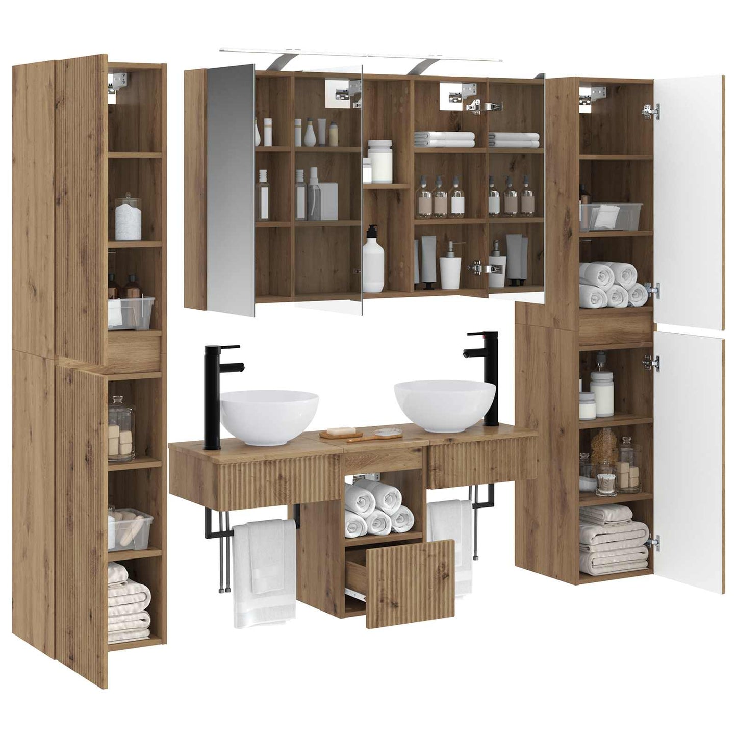 Badkamermeubelset 6 pcs Artisanaal eiken Bewerkt hout en glas is nu te koop bij PeponiXL, paradijselijk wonen!