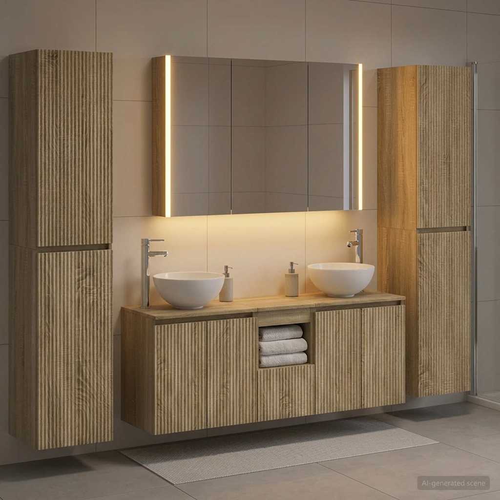 Badkamermeubelset 6 pcs Sonoma Eiken Bewerkt hout en glas is nu te koop bij PeponiXL, paradijselijk wonen!