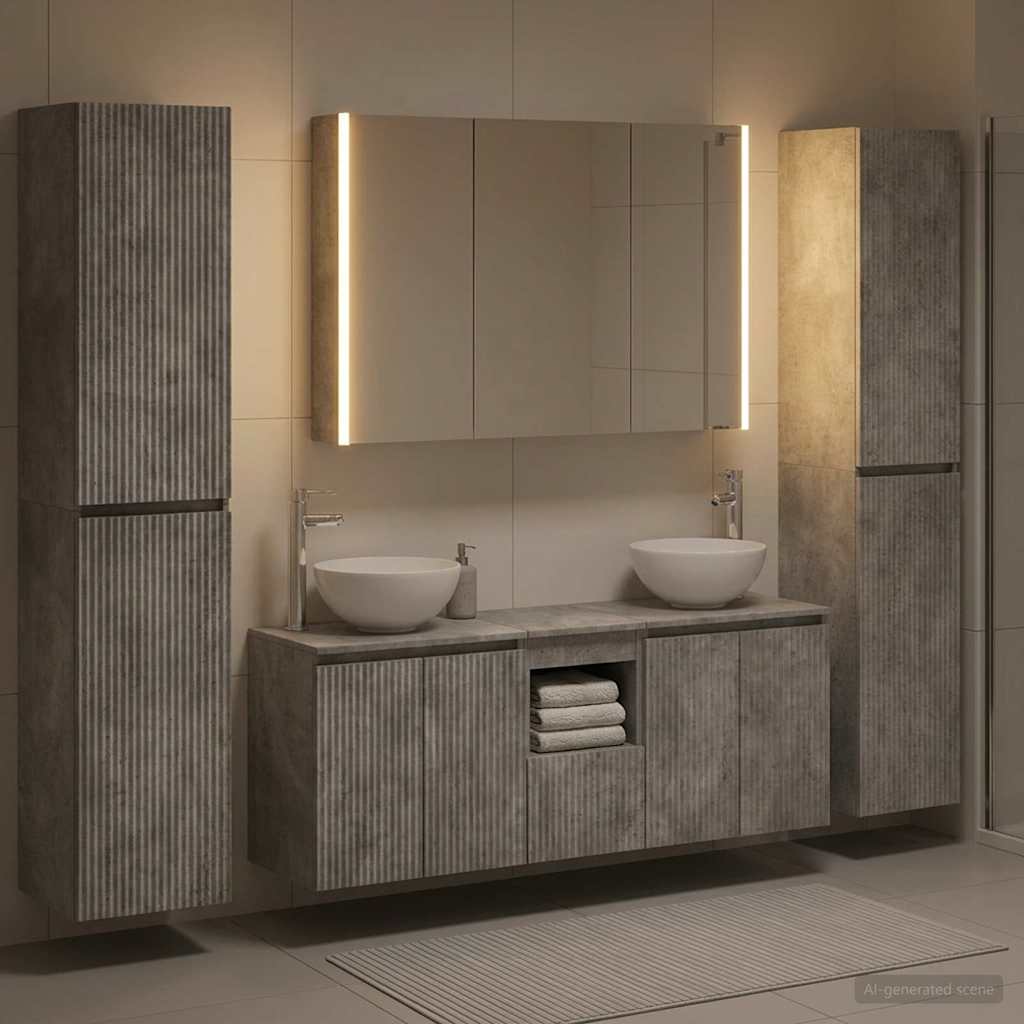 Badkamermeubelset 6 pcs Betongrijs Bewerkt hout en glas is nu te koop bij PeponiXL, paradijselijk wonen!