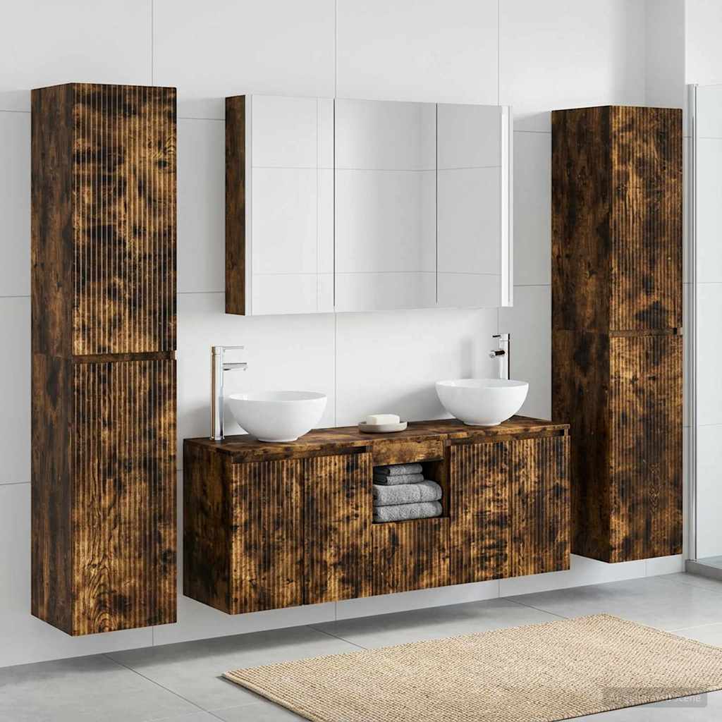 Badkamermeubelset 6 pcs Gerookt eiken Bewerkt hout en glas is nu te koop bij PeponiXL, paradijselijk wonen!