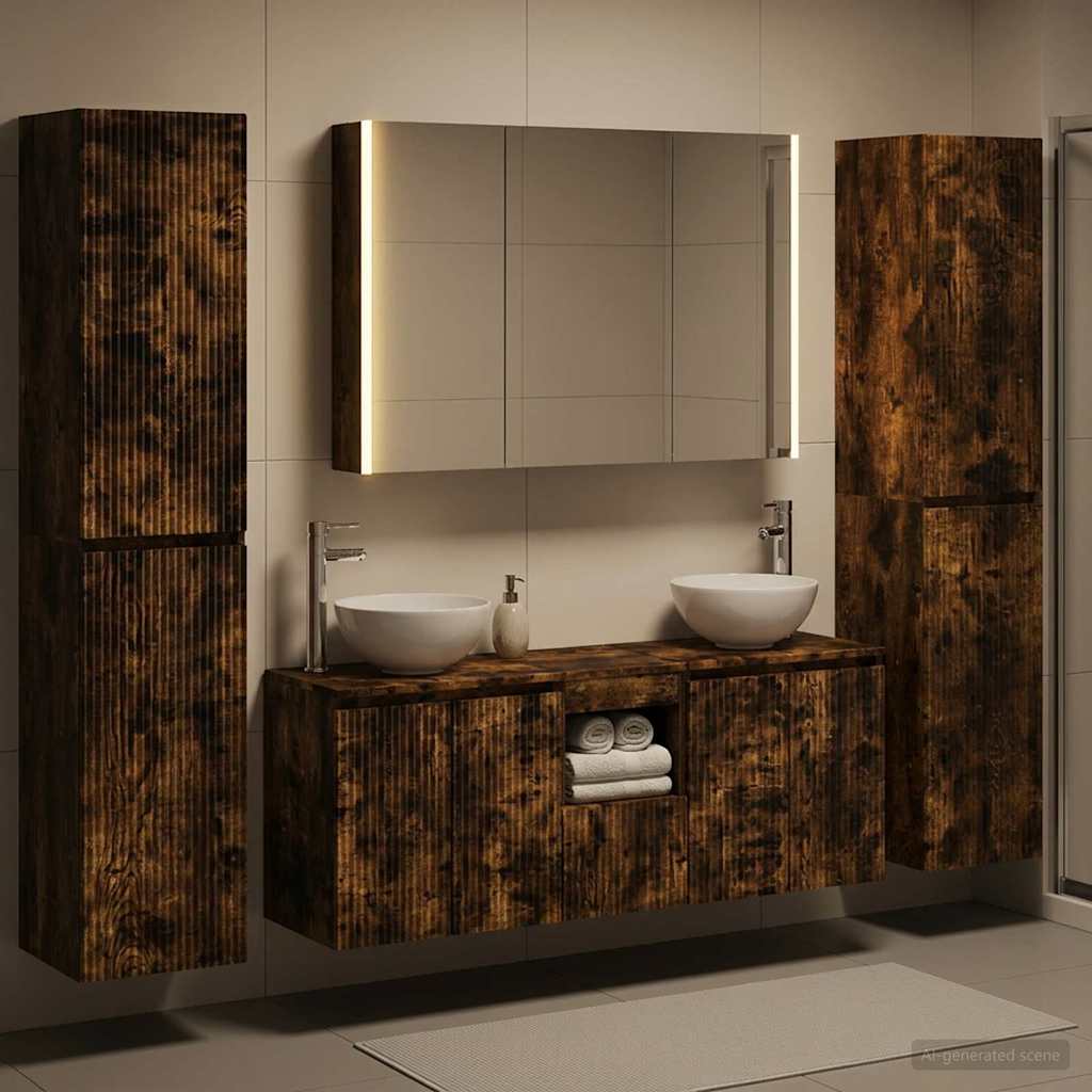 Badkamermeubelset 6 pcs Gerookt eiken Bewerkt hout en glas is nu te koop bij PeponiXL, paradijselijk wonen!