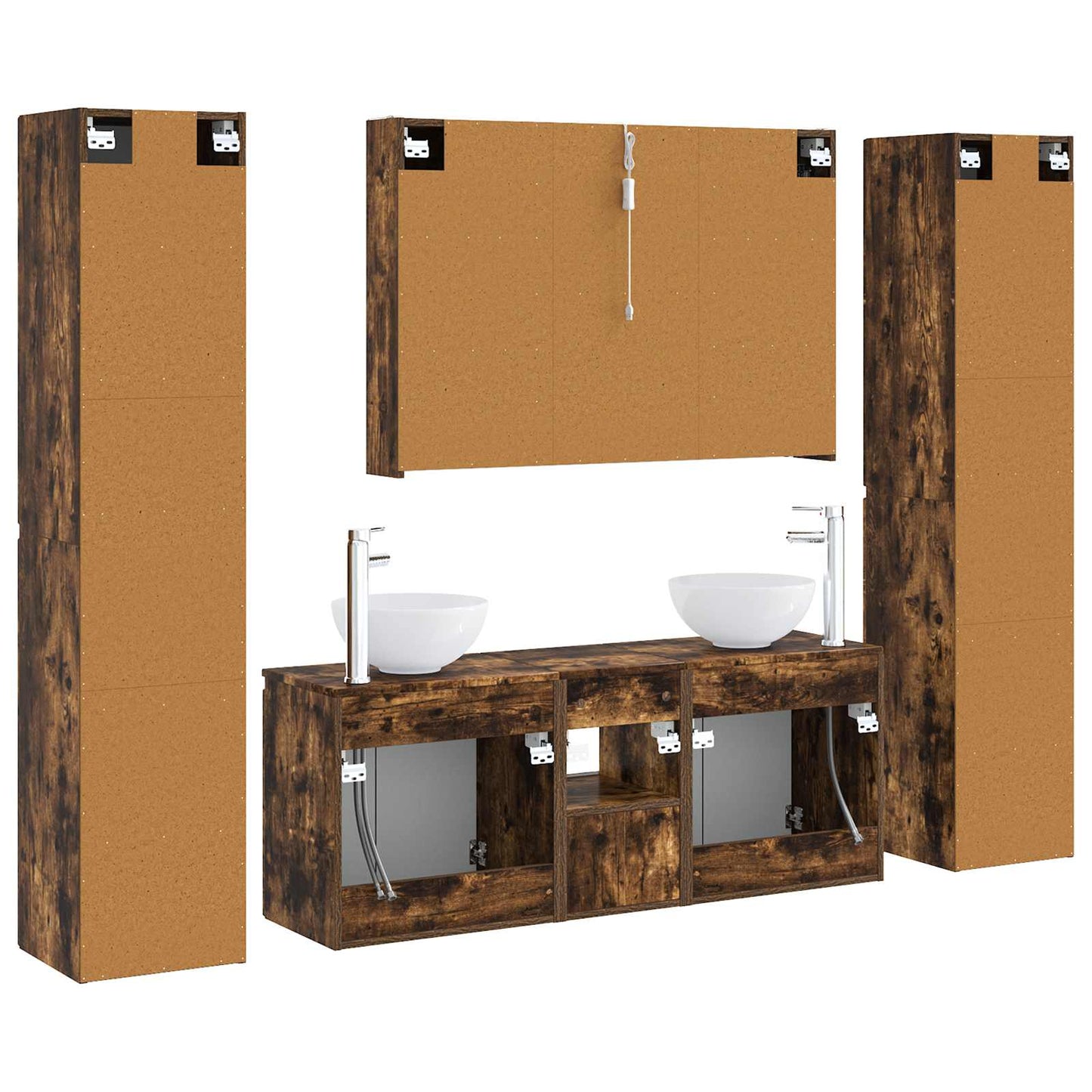 Badkamermeubelset 6 pcs Gerookt eiken Bewerkt hout en glas is nu te koop bij PeponiXL, paradijselijk wonen!
