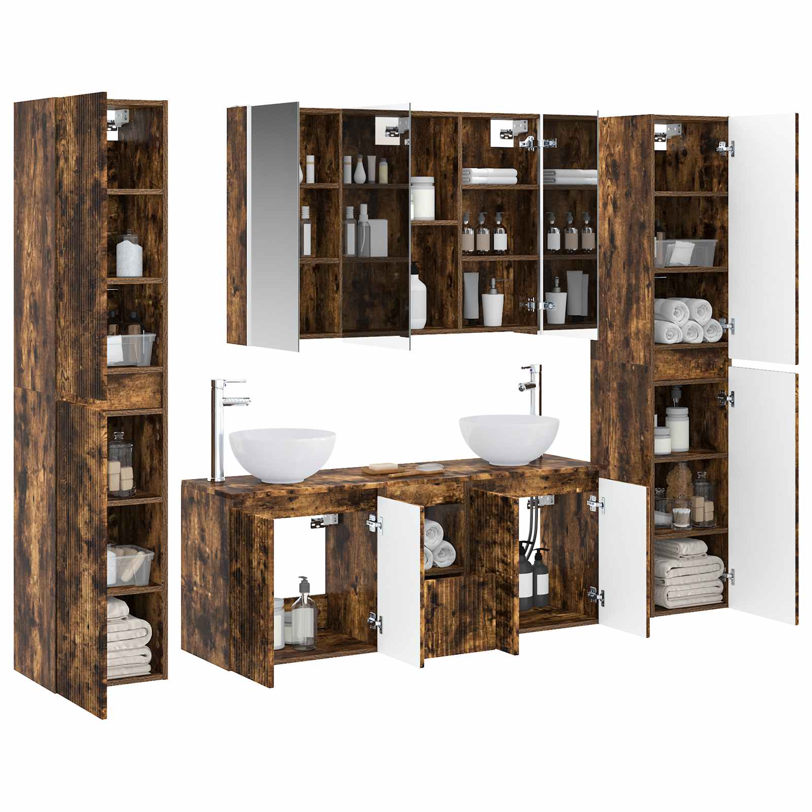 Badkamermeubelset 6 pcs Gerookt eiken Bewerkt hout en glas is nu te koop bij PeponiXL, paradijselijk wonen!
