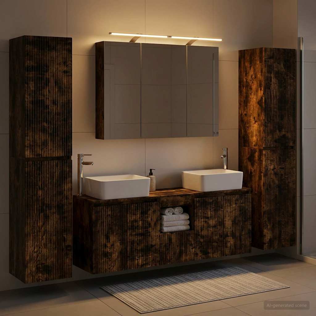 Badkamermeubelset 6 pcs Gerookt eiken Bewerkt hout en glas is nu te koop bij PeponiXL, paradijselijk wonen!