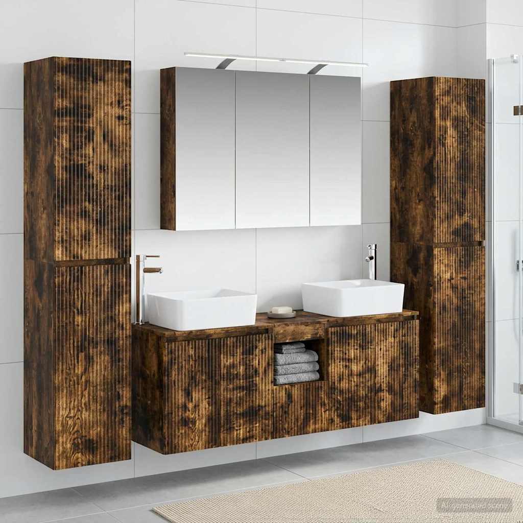 Badkamermeubelset 6 pcs Gerookt eiken Bewerkt hout en glas is nu te koop bij PeponiXL, paradijselijk wonen!
