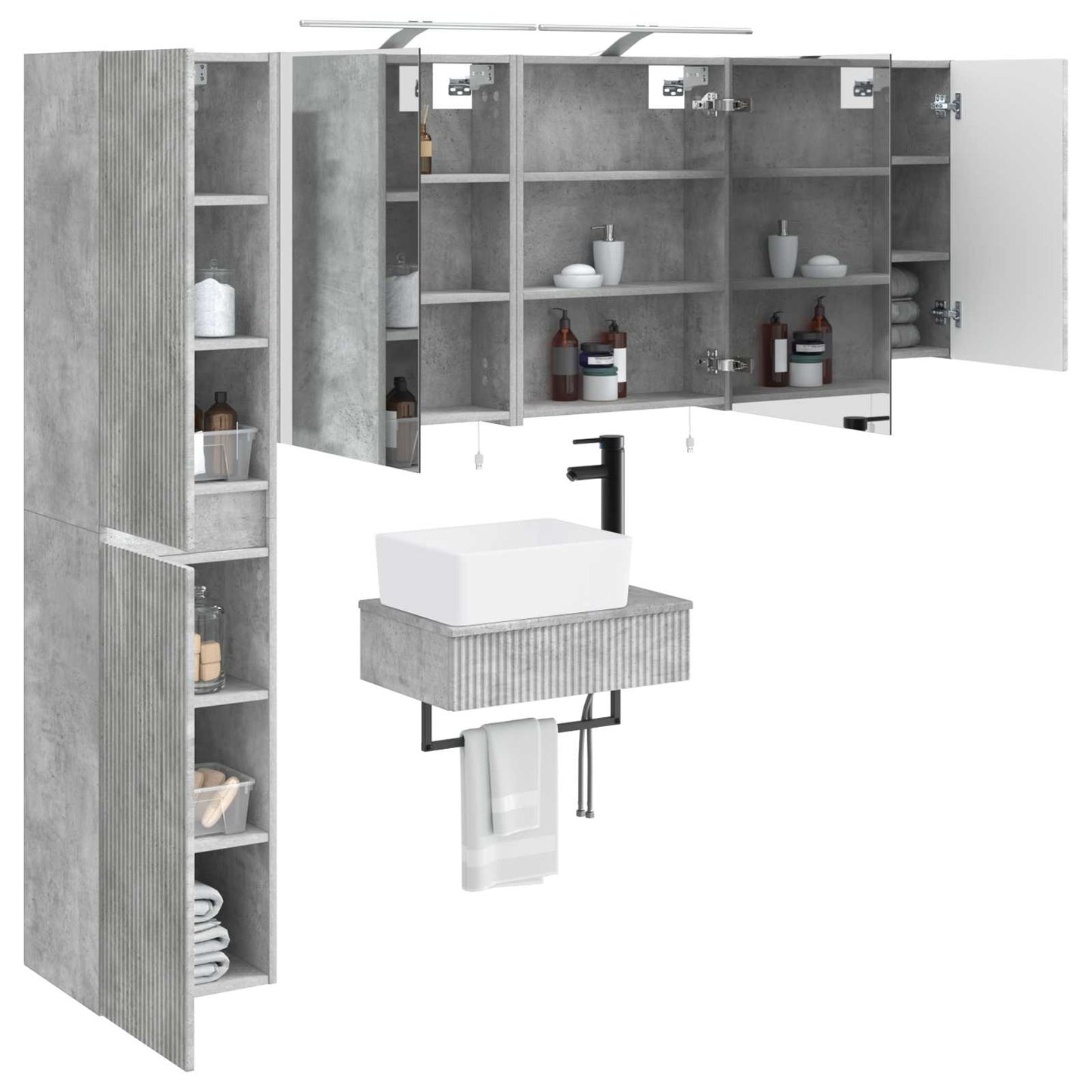 Badkamermeubelset 5 pcs Betongrijs Bewerkt hout en glas is nu te koop bij PeponiXL, paradijselijk wonen!