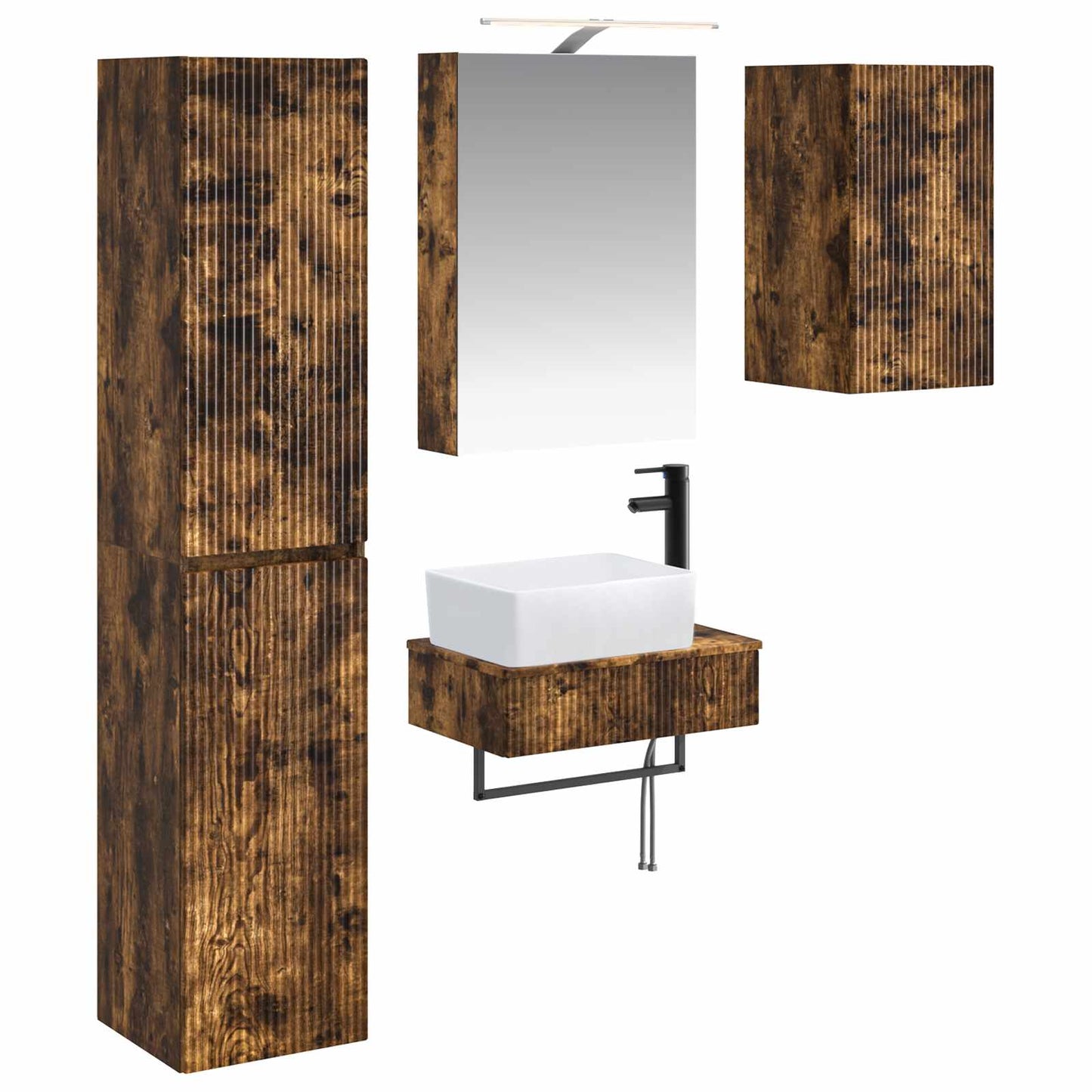 Badkamermeubelset 5 pcs Gerookt eiken Bewerkt hout en glas is nu te koop bij PeponiXL, paradijselijk wonen!