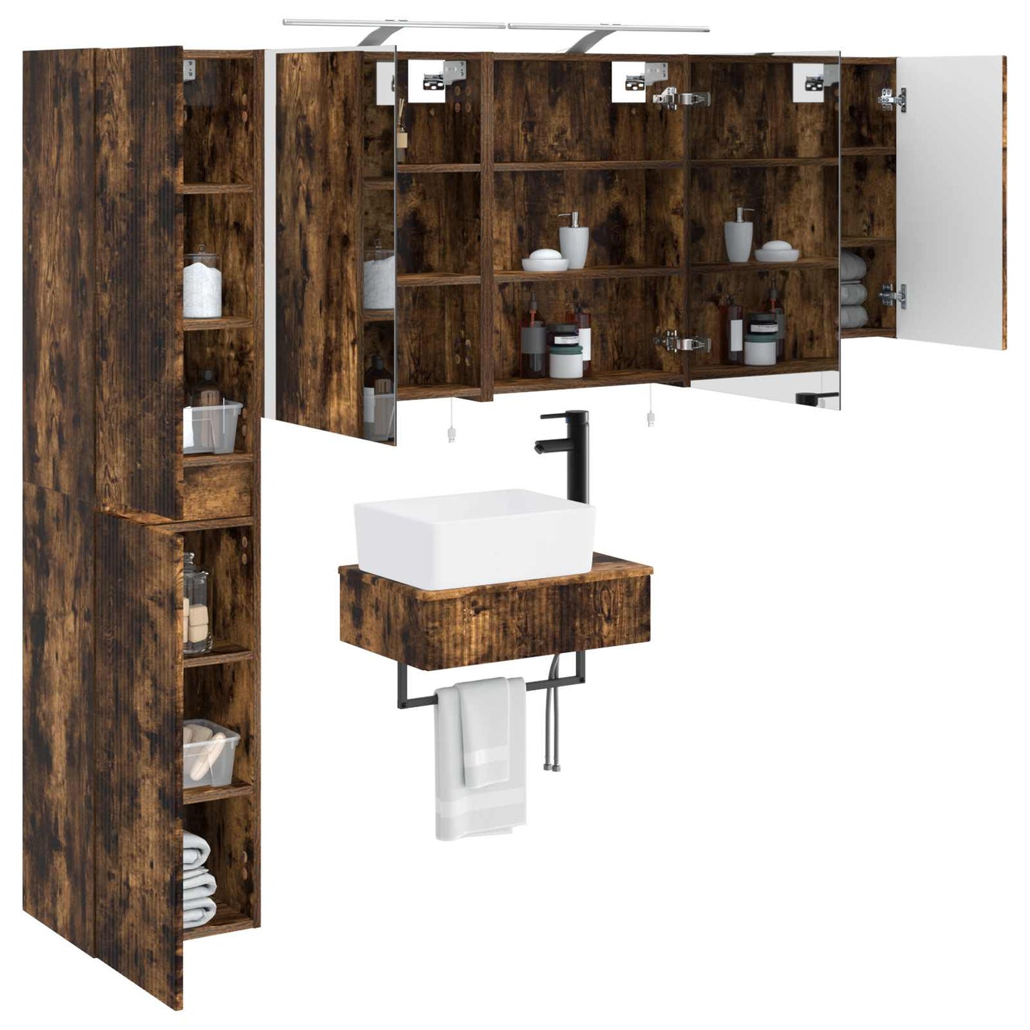 Badkamermeubelset 5 pcs Gerookt eiken Bewerkt hout en glas is nu te koop bij PeponiXL, paradijselijk wonen!