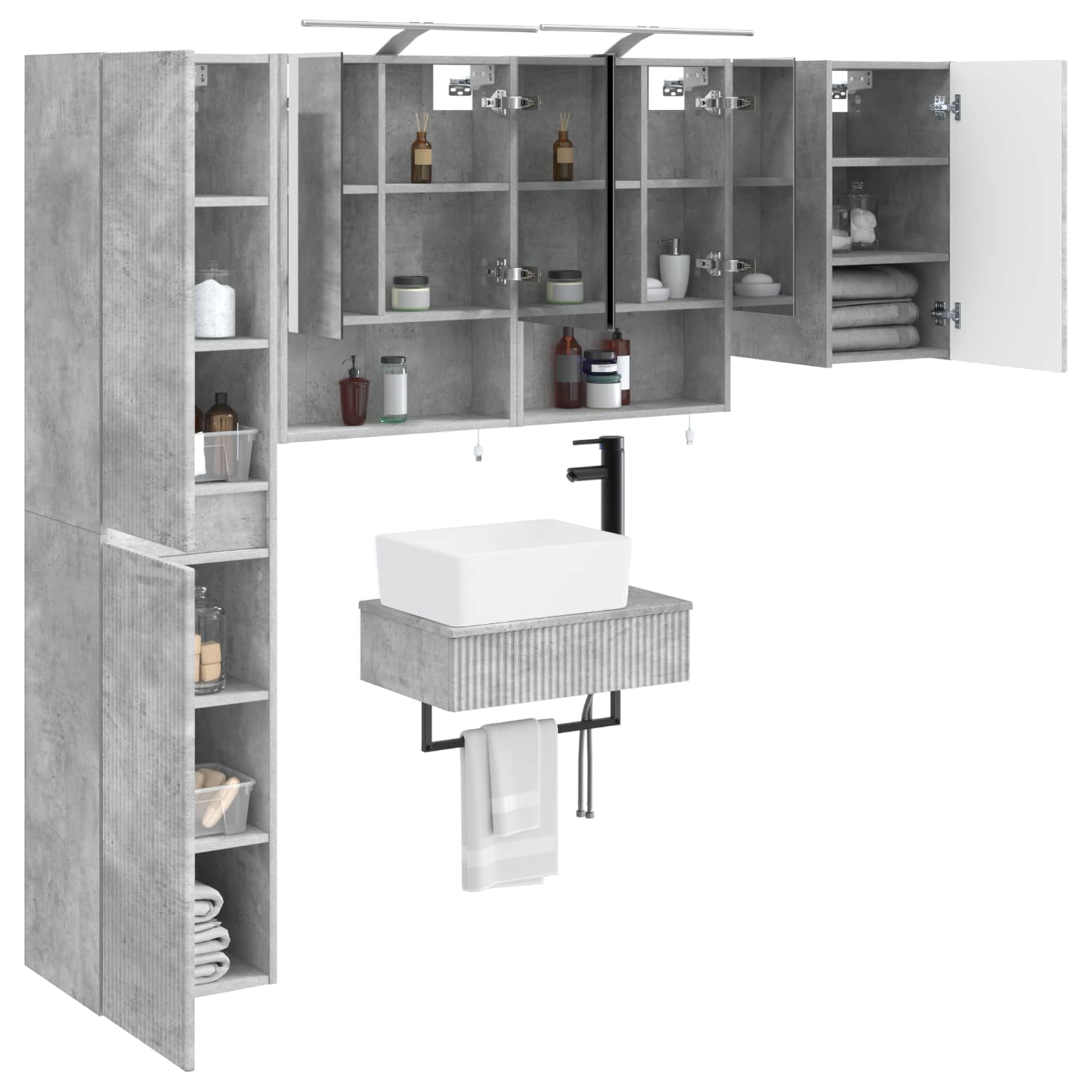 Badkamermeubelset 5 pcs Betongrijs Bewerkt hout en glas is nu te koop bij PeponiXL, paradijselijk wonen!