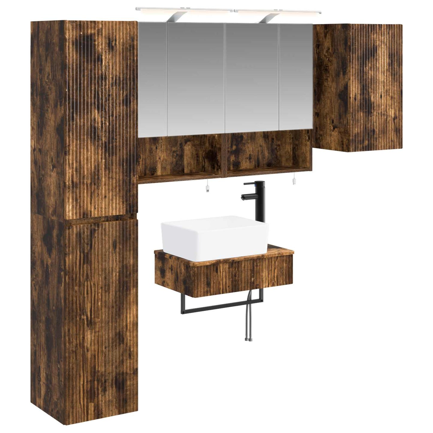 Badkamermeubelset 5 pcs Gerookt eiken Bewerkt hout en glas is nu te koop bij PeponiXL, paradijselijk wonen!