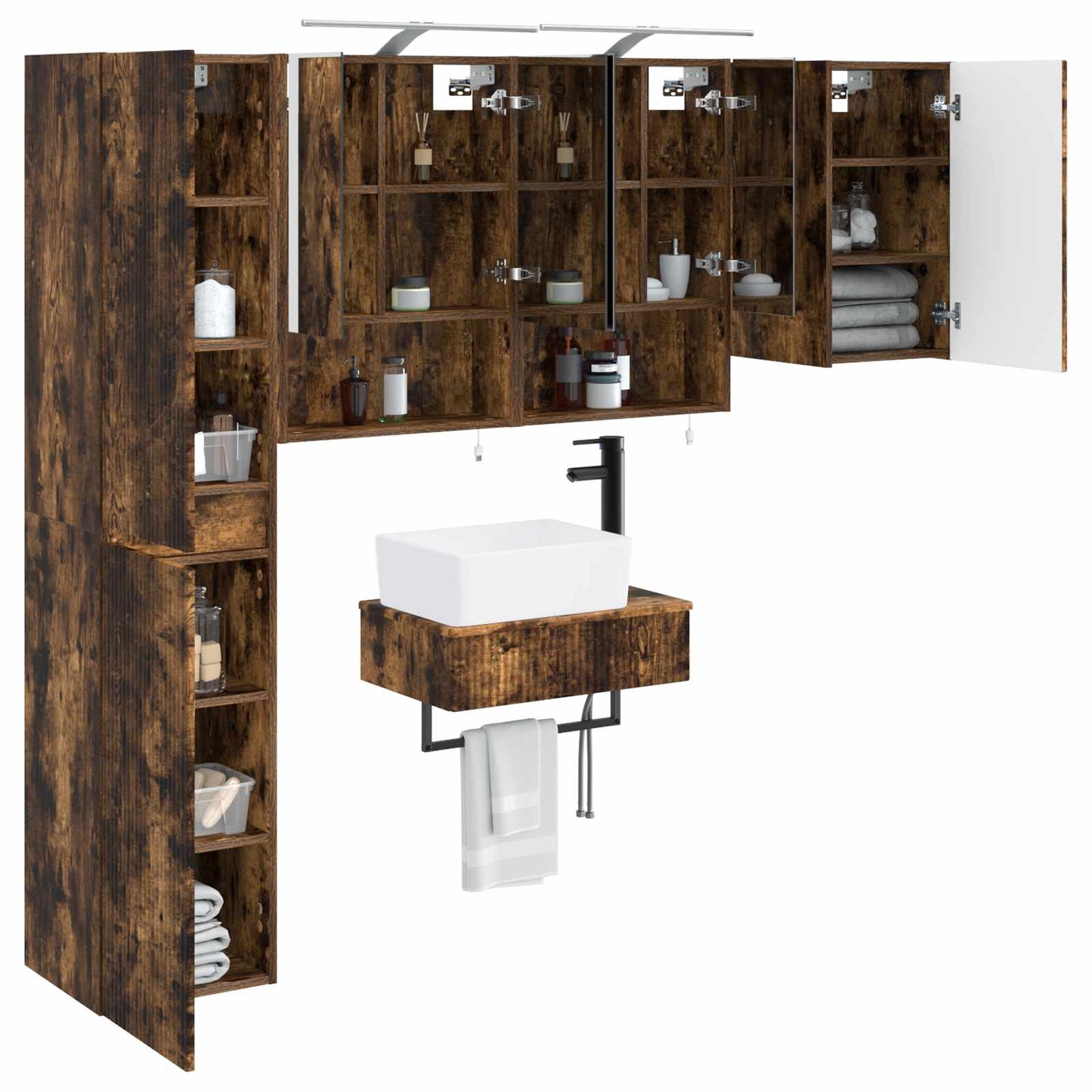 Badkamermeubelset 5 pcs Gerookt eiken Bewerkt hout en glas is nu te koop bij PeponiXL, paradijselijk wonen!