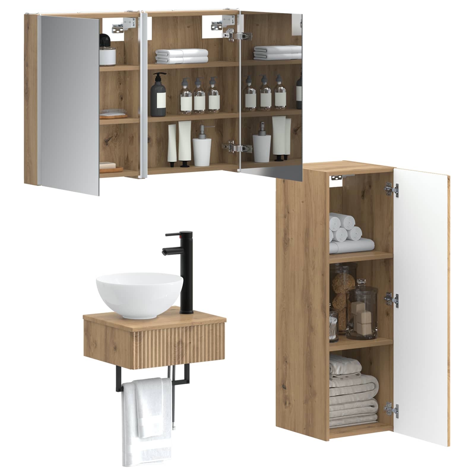 Badkamerkastenset 4 st Artisanaal eiken Bewerkt hout is nu te koop bij PeponiXL, paradijselijk wonen!