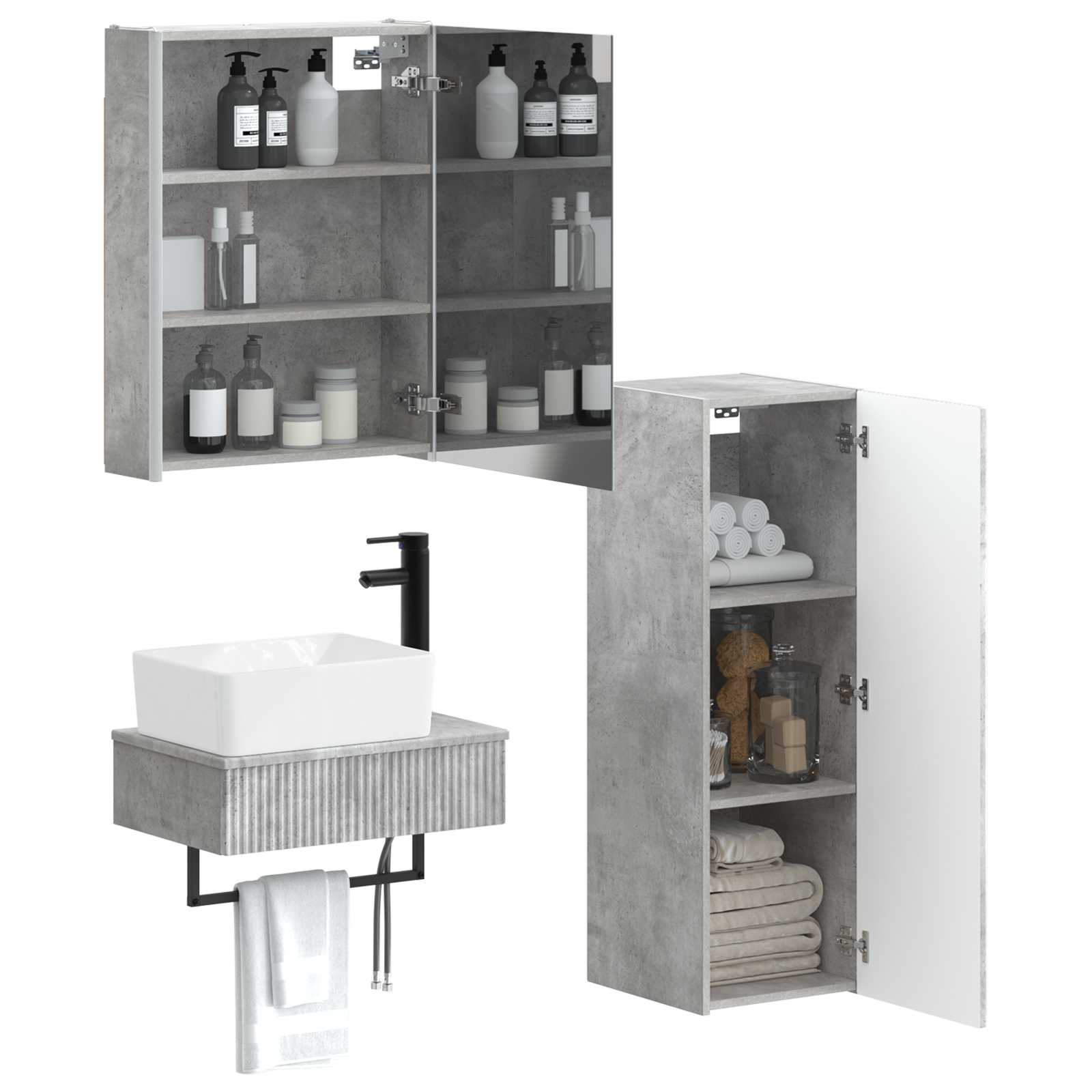Badkamermeubelset 4 pcs Betongrijs Bewerkt hout en glas is nu te koop bij PeponiXL, paradijselijk wonen!