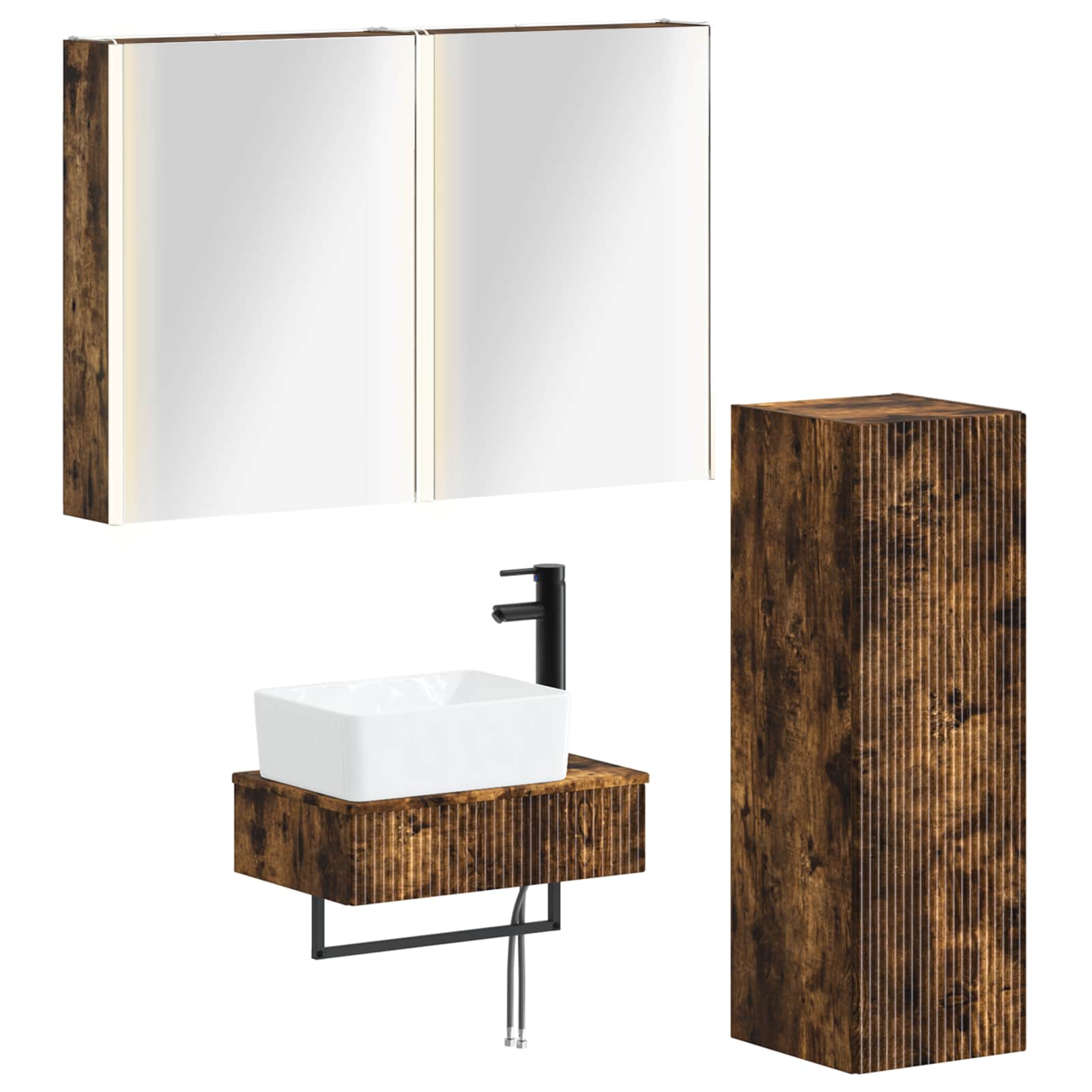 Badkamermeubelset 4 pcs Gerookt eiken Bewerkt hout en glas is nu te koop bij PeponiXL, paradijselijk wonen!
