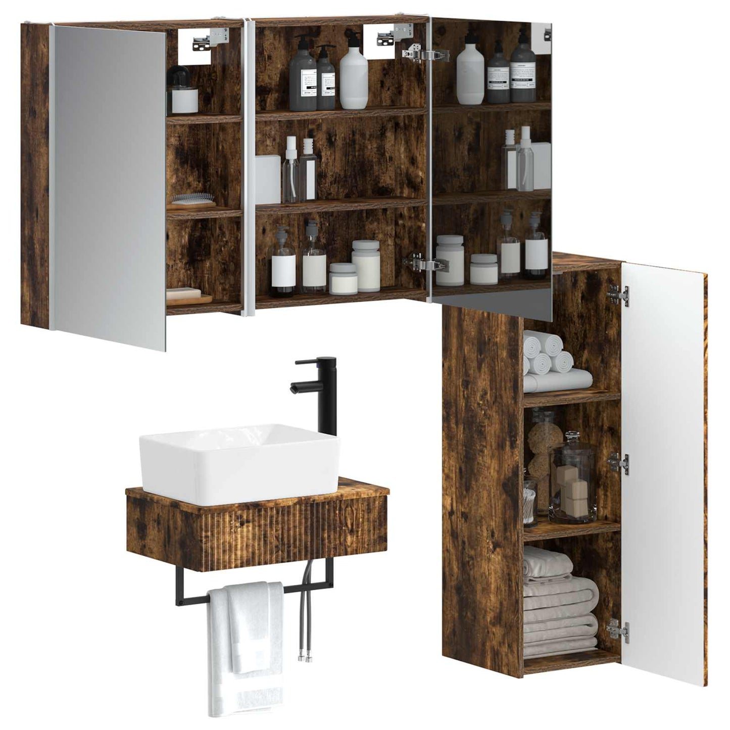 Badkamermeubelset 4 pcs Gerookt eiken Bewerkt hout en glas is nu te koop bij PeponiXL, paradijselijk wonen!