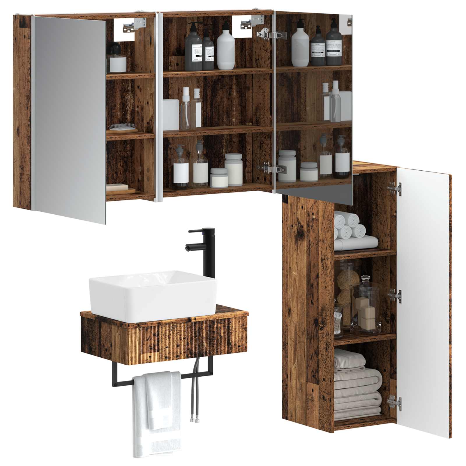 Badkamermeubelset 4 pcs Oud hout Bewerkt hout en glas is nu te koop bij PeponiXL, paradijselijk wonen!